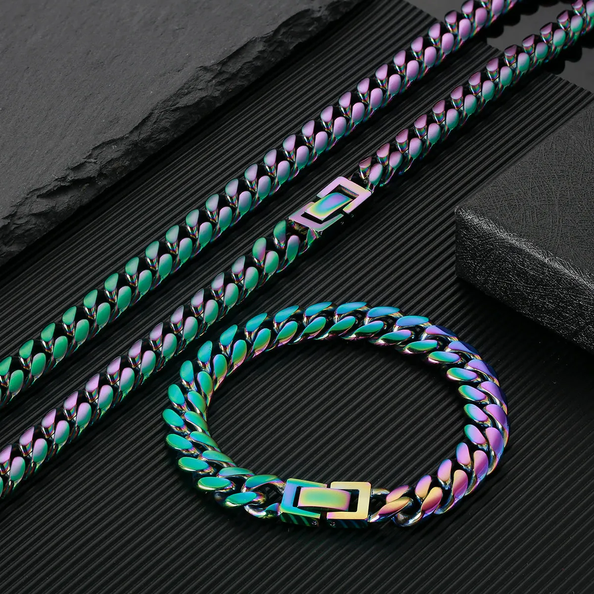 10mm Rainbow Cuban Link Chain and Bracelet Set for Men's Necklace KRKC