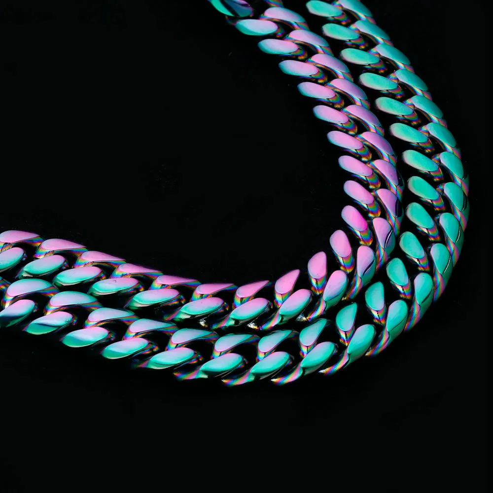 10mm Rainbow Cuban Link Chain and Bracelet Set for Men's Necklace KRKC