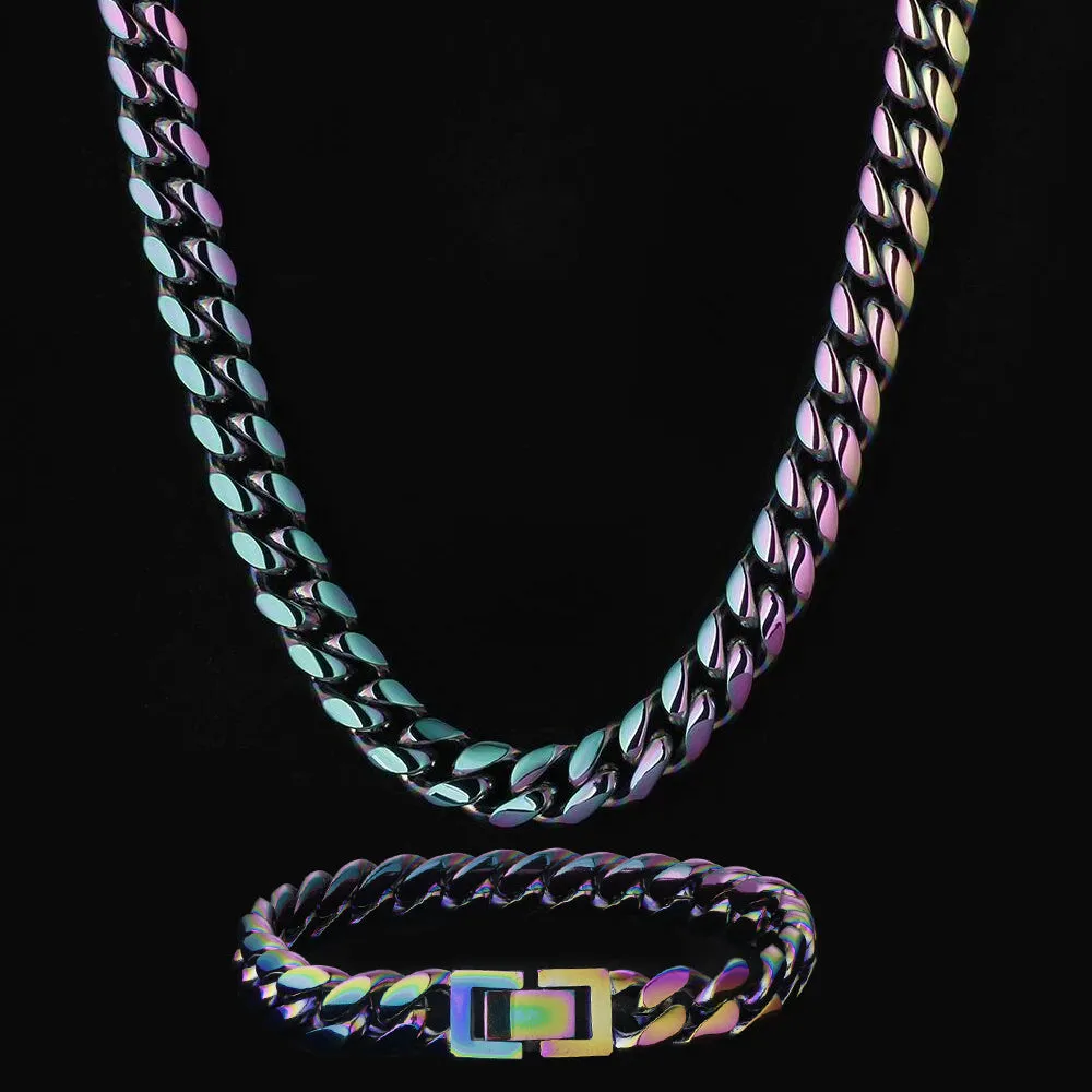 10mm Rainbow Cuban Link Chain and Bracelet Set for Men's Necklace KRKC