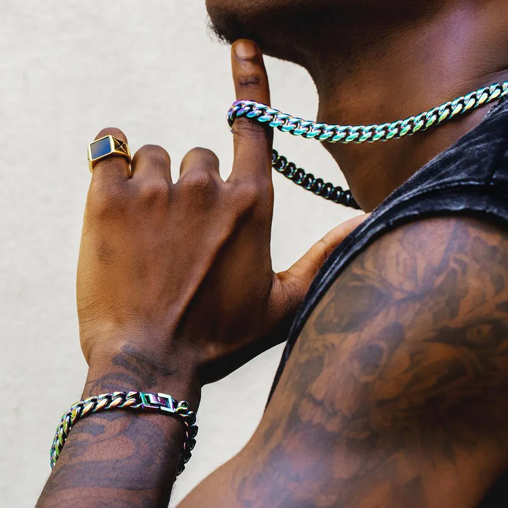 10mm Rainbow Cuban Link Chain and Bracelet Set for Men's Necklace KRKC