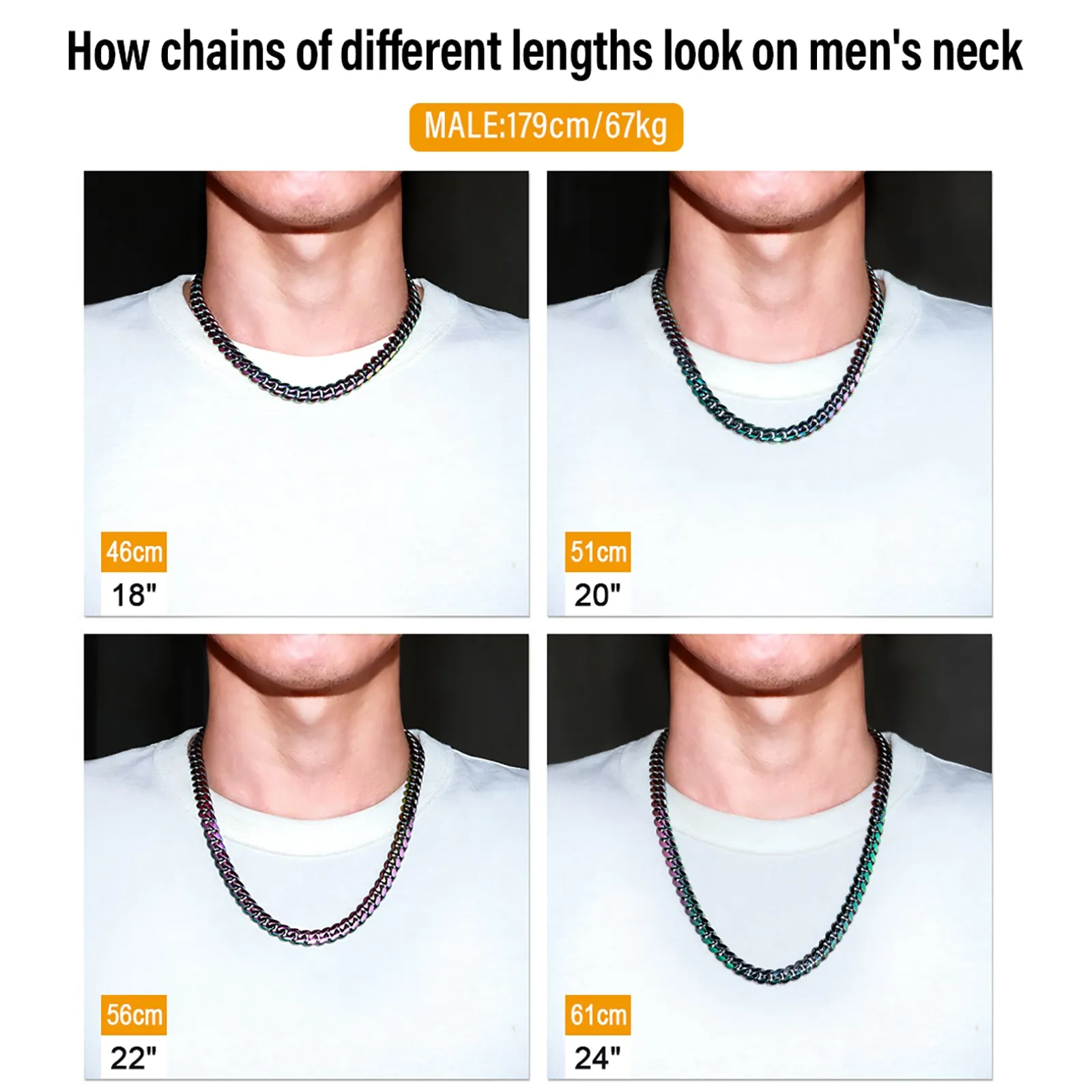 10mm Rainbow Cuban Link Chain and Bracelet Set for Men's Necklace KRKC