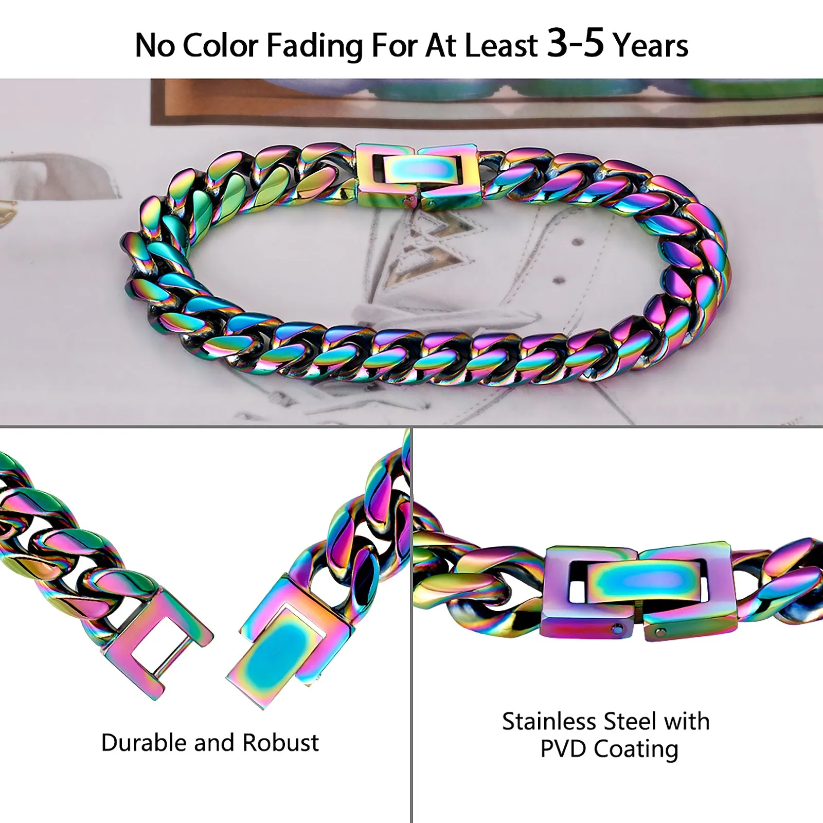10mm Rainbow Cuban Link Chain and Bracelet Set for Men's Necklace KRKC