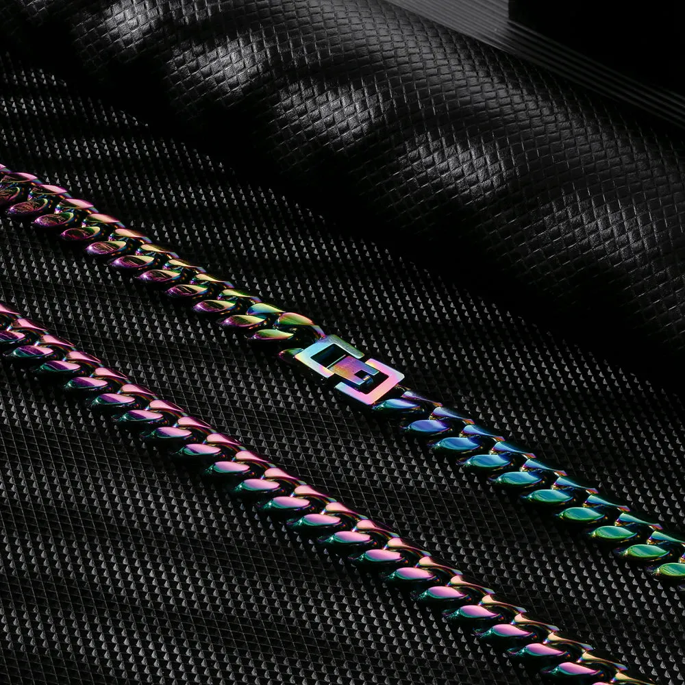 10mm Rainbow Cuban Link Chain and Bracelet Set for Men's Necklace KRKC