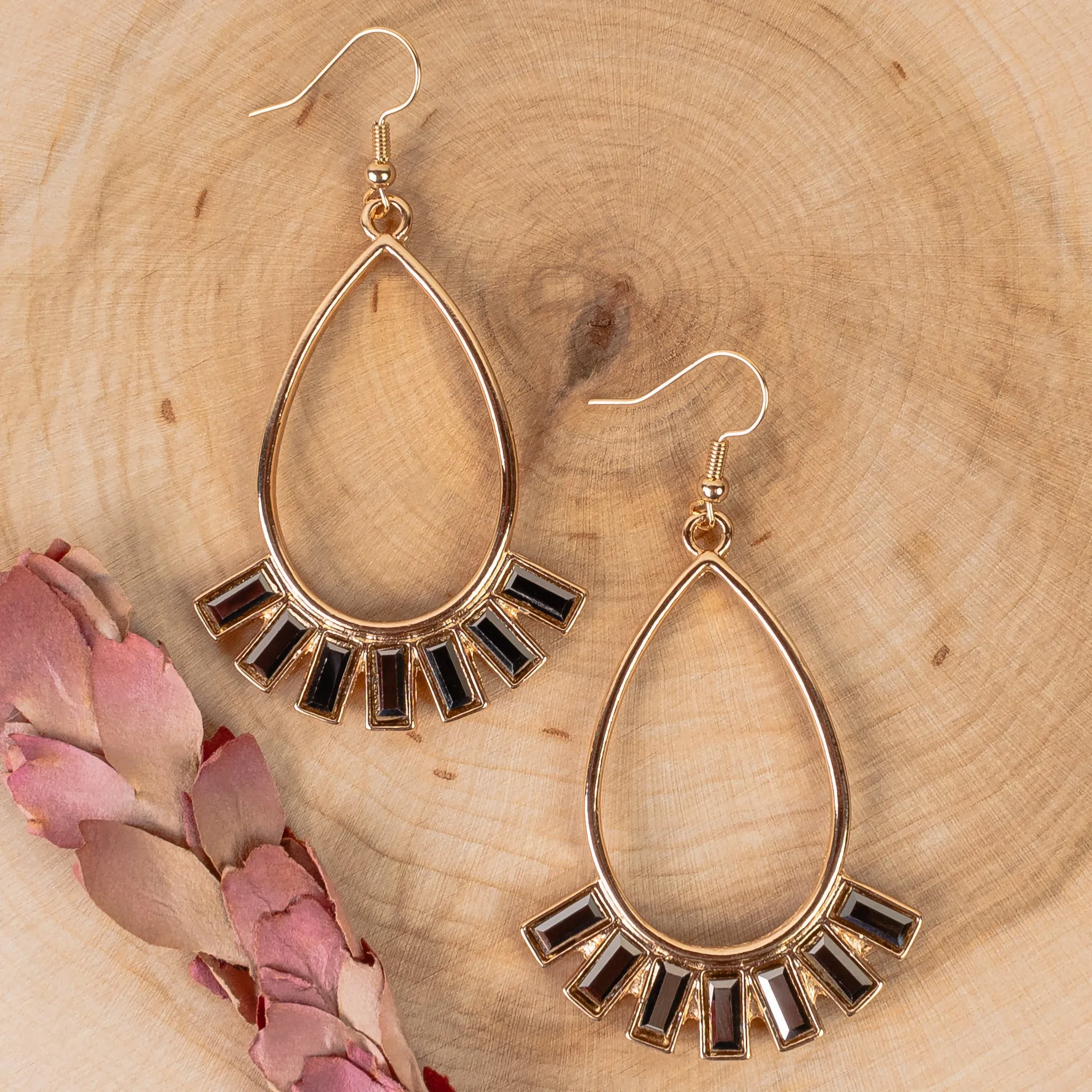 1329 - Rhinestone Hoop Earrings - Black