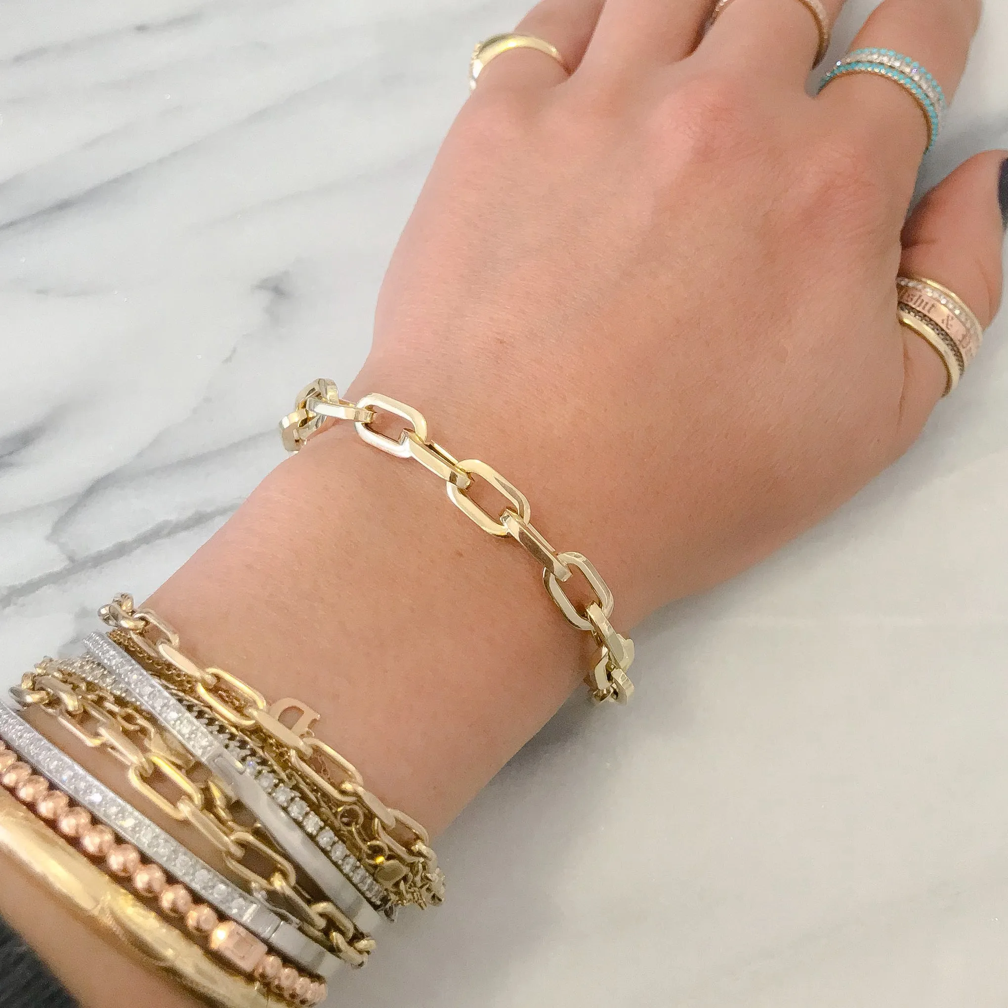 14K Gold Thick Flat Oval Link Bracelet, Large Size Links