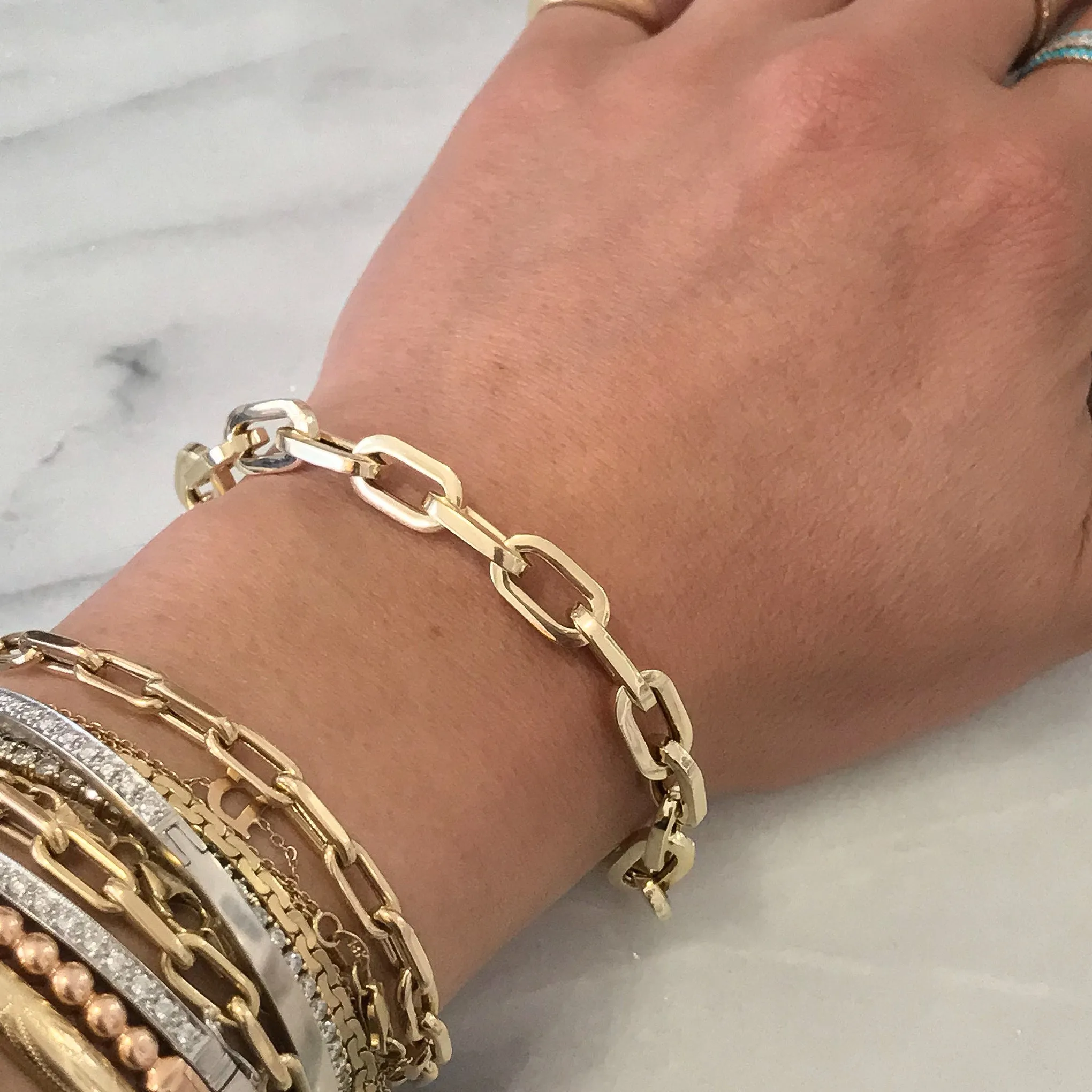 14K Gold Thick Flat Oval Link Bracelet, Large Size Links