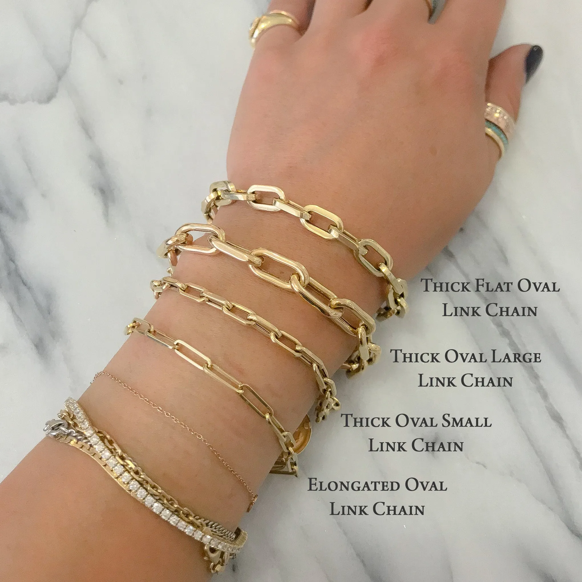 14K Gold Thick Flat Oval Link Bracelet, Large Size Links
