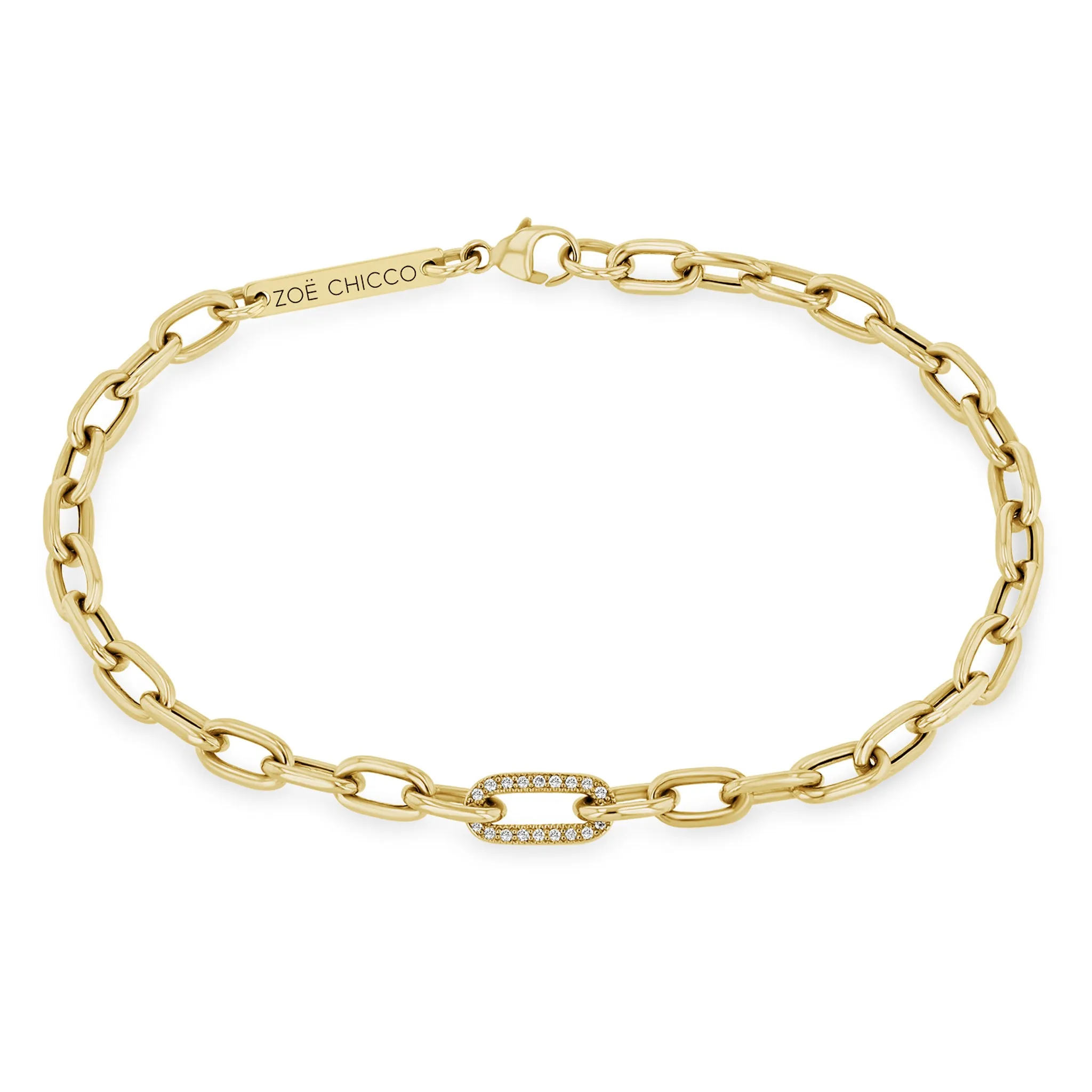 14k Medium Square Oval Chain Bracelet with Pavé Diamond Link