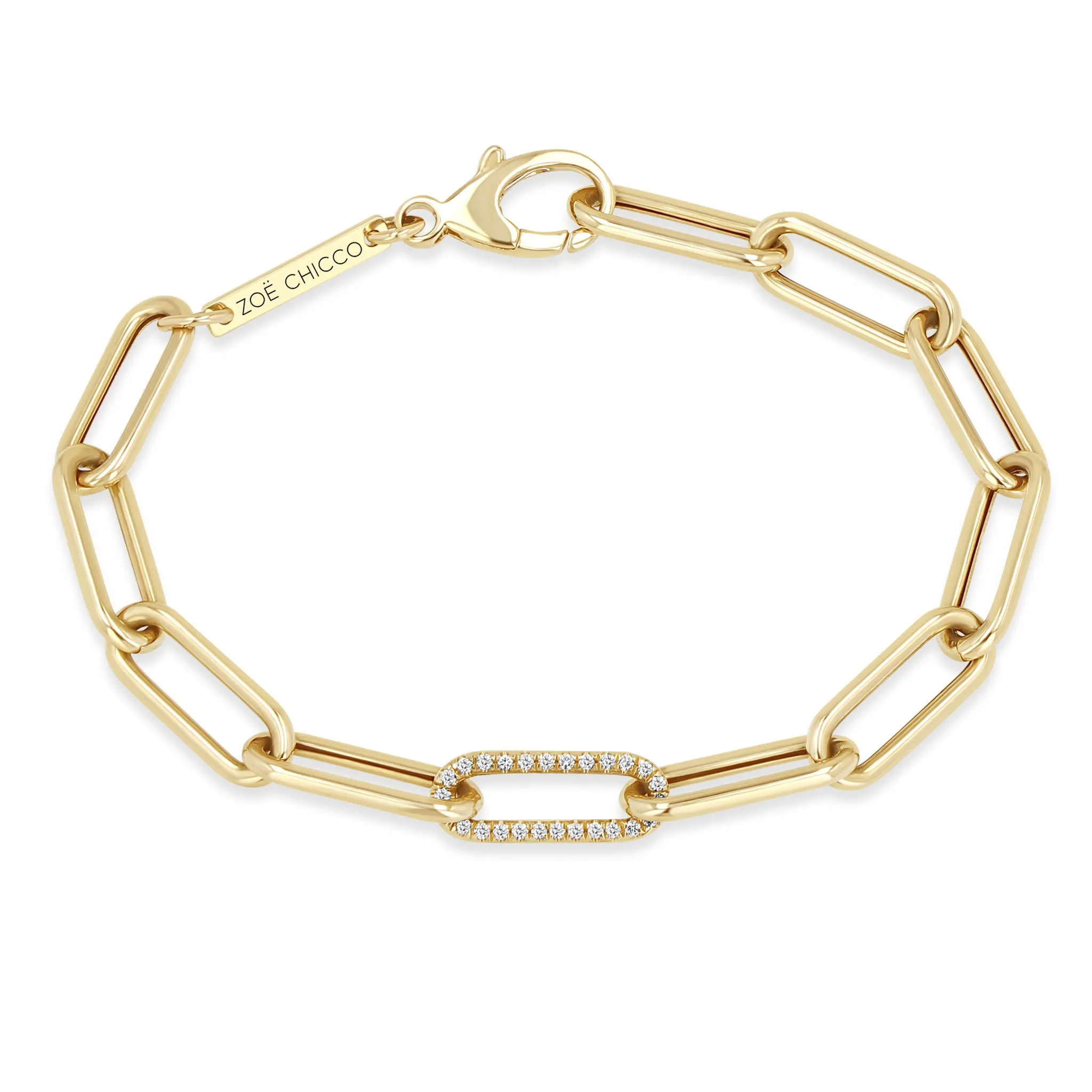 14k Single Pavé Diamond Link Large Paperclip Chain Bracelet