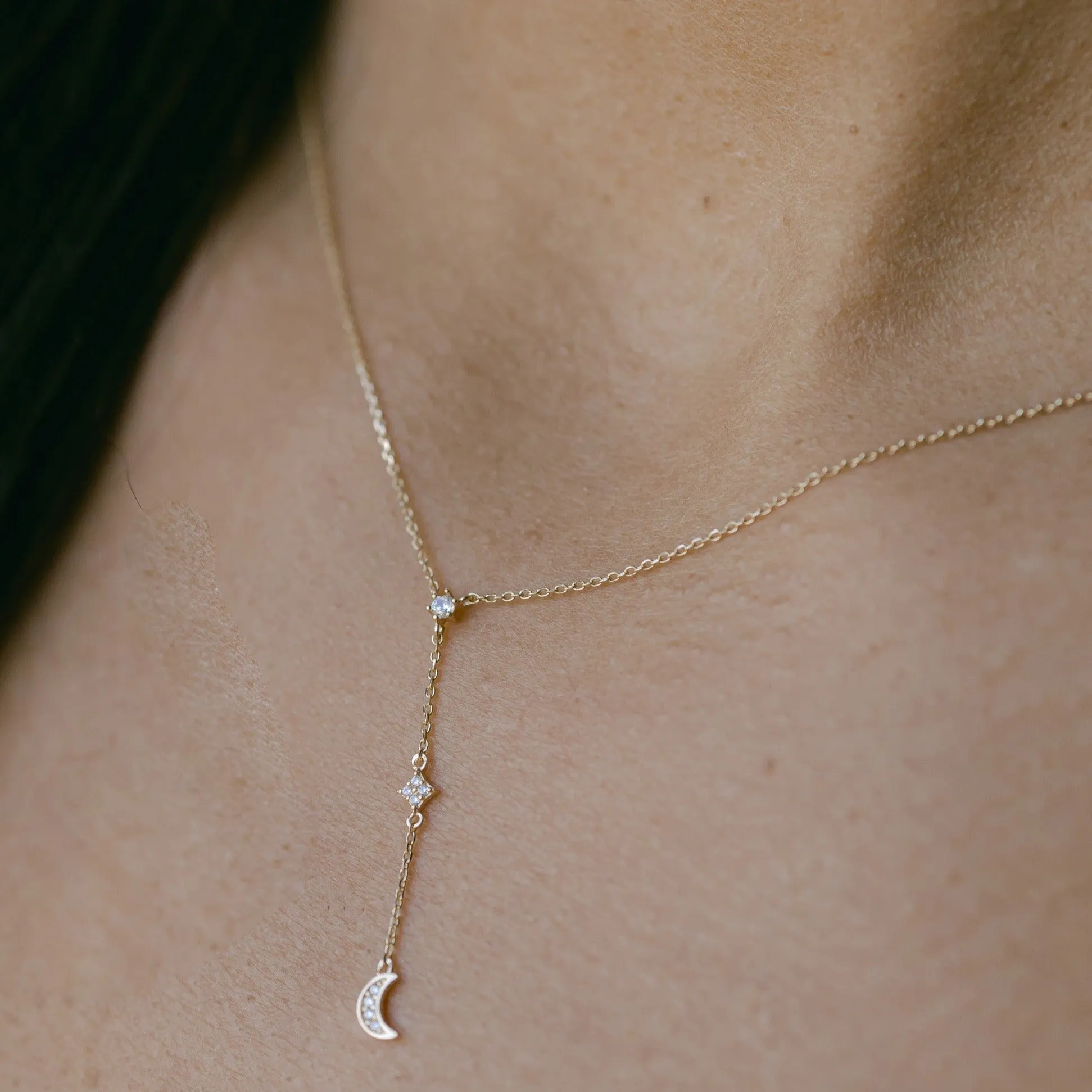 14k Solid Gold CZ Half-Moon Y-Drop Necklace