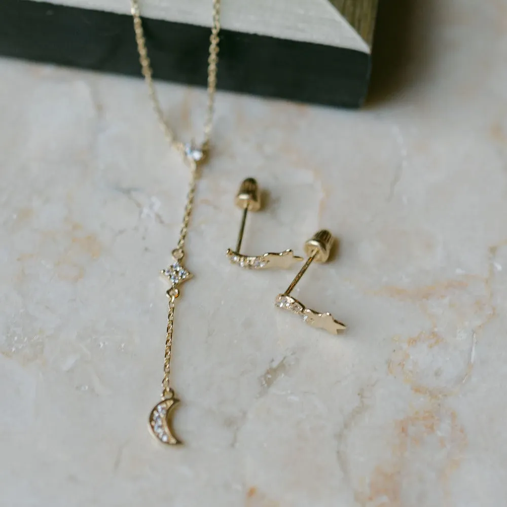 14k Solid Gold CZ Half-Moon Y-Drop Necklace