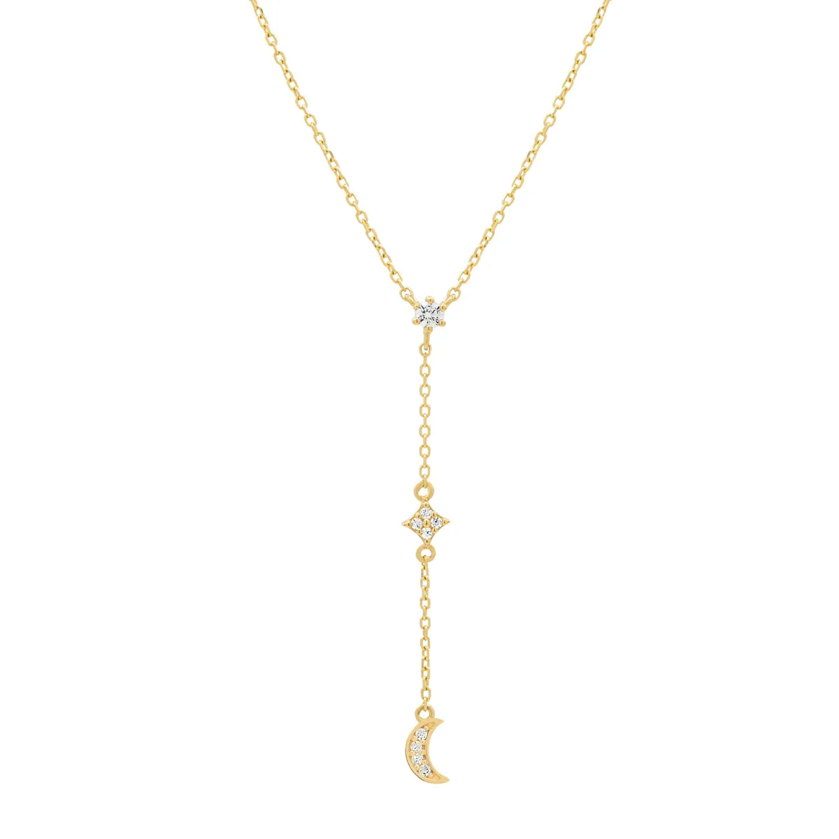 14k Solid Gold CZ Half-Moon Y-Drop Necklace