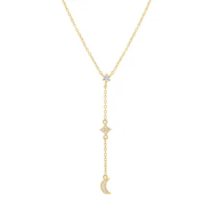 14k Solid Gold CZ Half-Moon Y-Drop Necklace