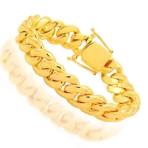 14K Solid Yellow Gold Mens Cuban Link Bracelet 12 mm