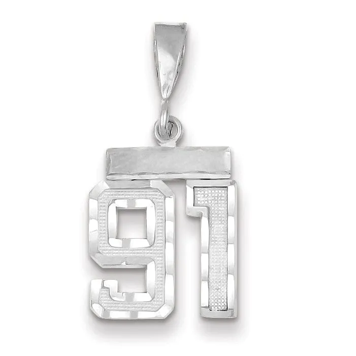 14k White Gold Small Size Diamond Cut Texture Finish Number 91 Charm Pendant