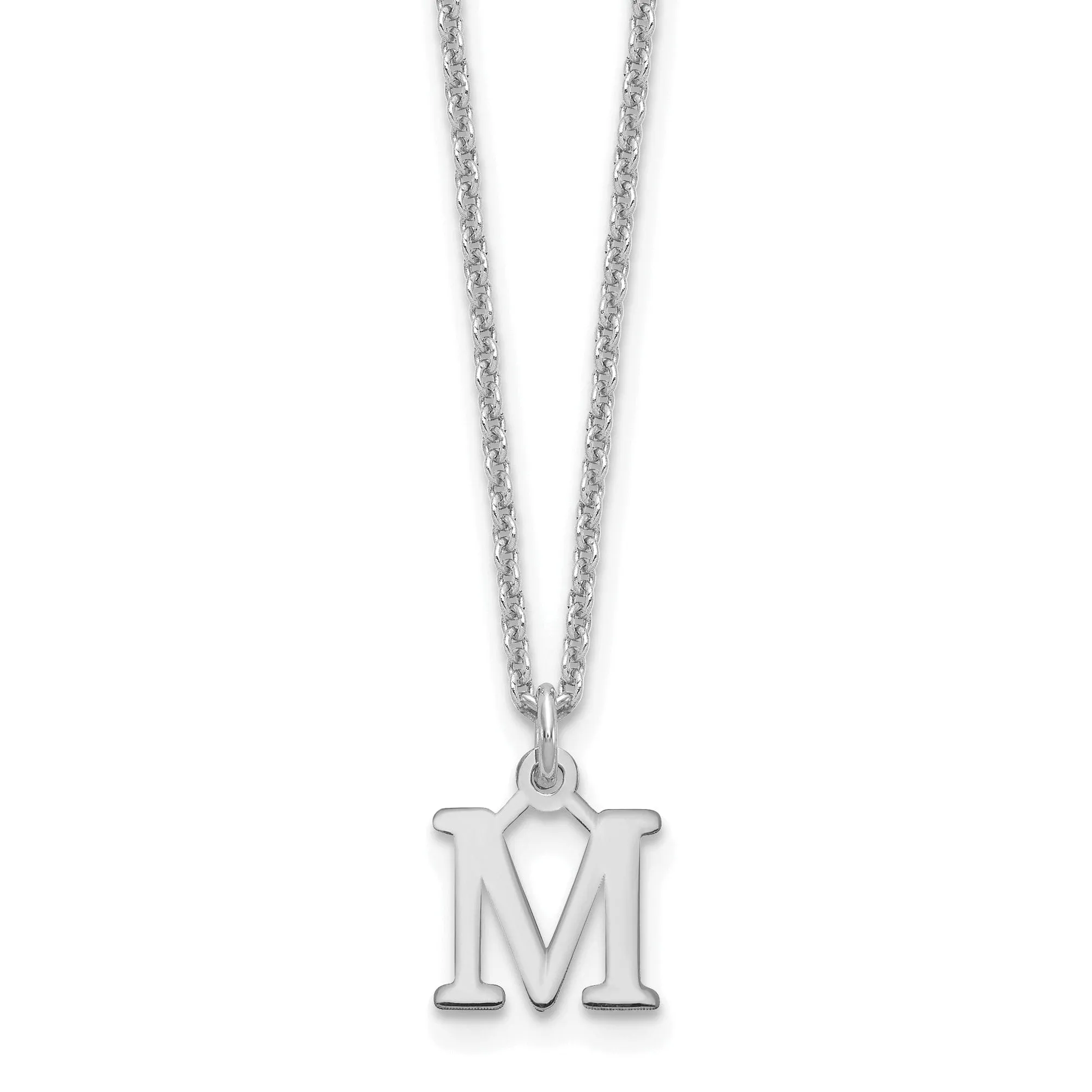 14k White Gold Tiny Cut Out Block Letter M Initial Pendant and Necklace