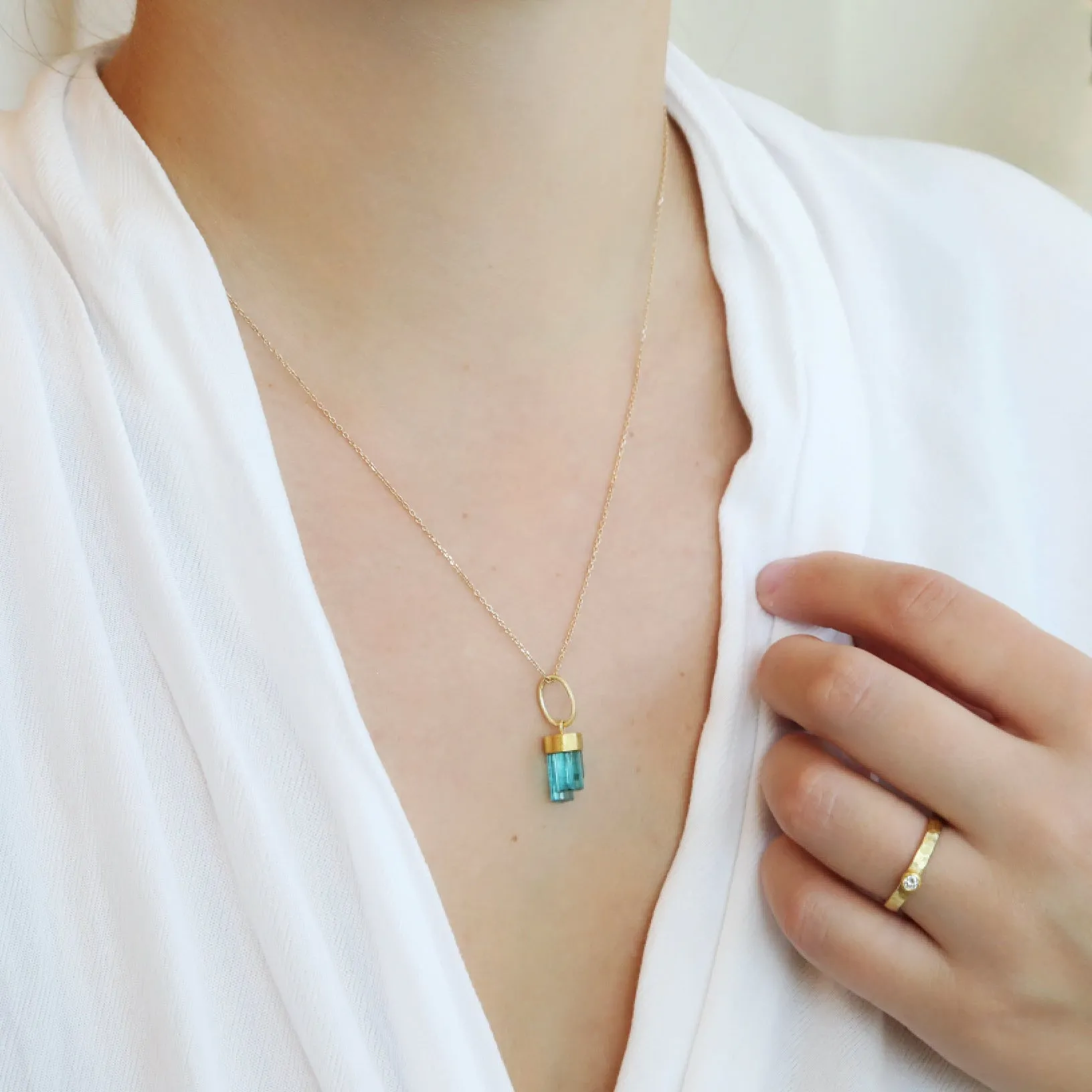 18K & Icicle Shaped Blue-Green Tourmaline Crystal Pendant