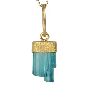 18K & Icicle Shaped Blue-Green Tourmaline Crystal Pendant