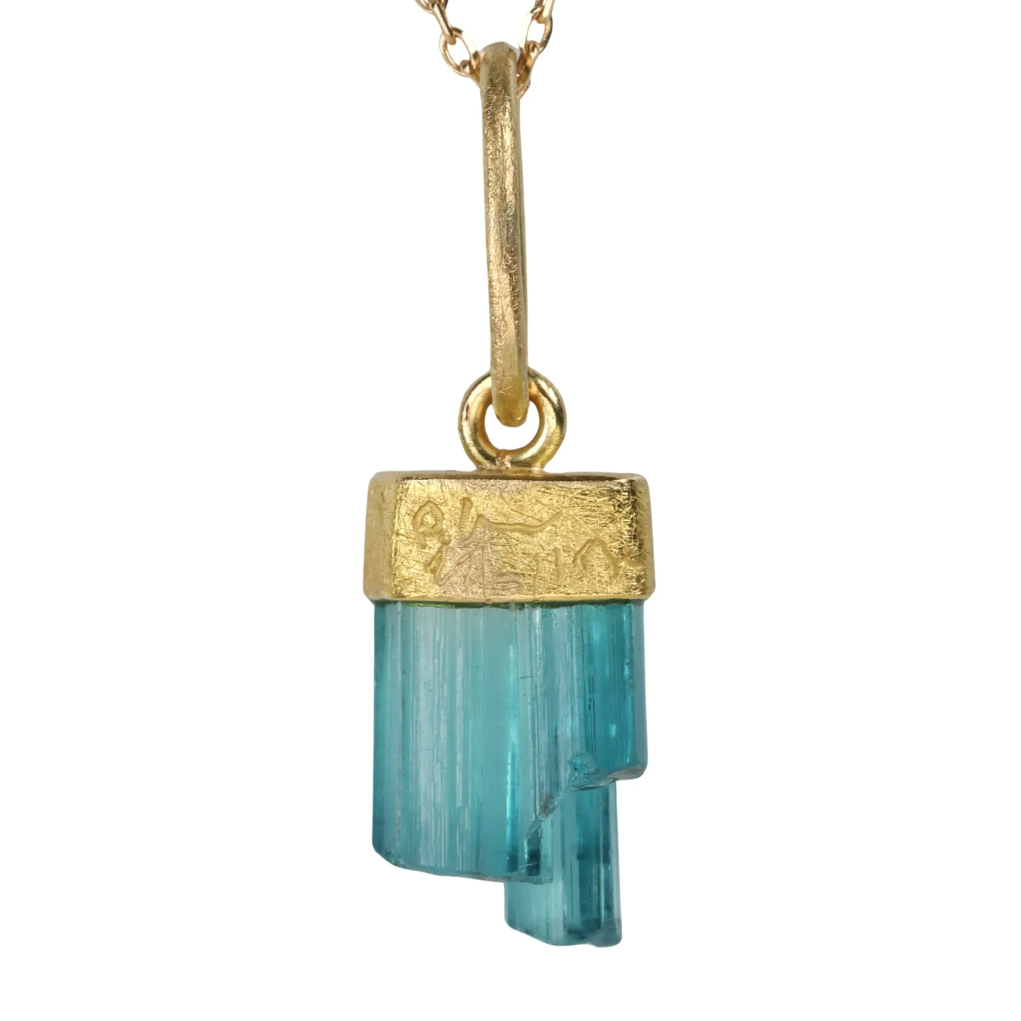 18K & Icicle Shaped Blue-Green Tourmaline Crystal Pendant