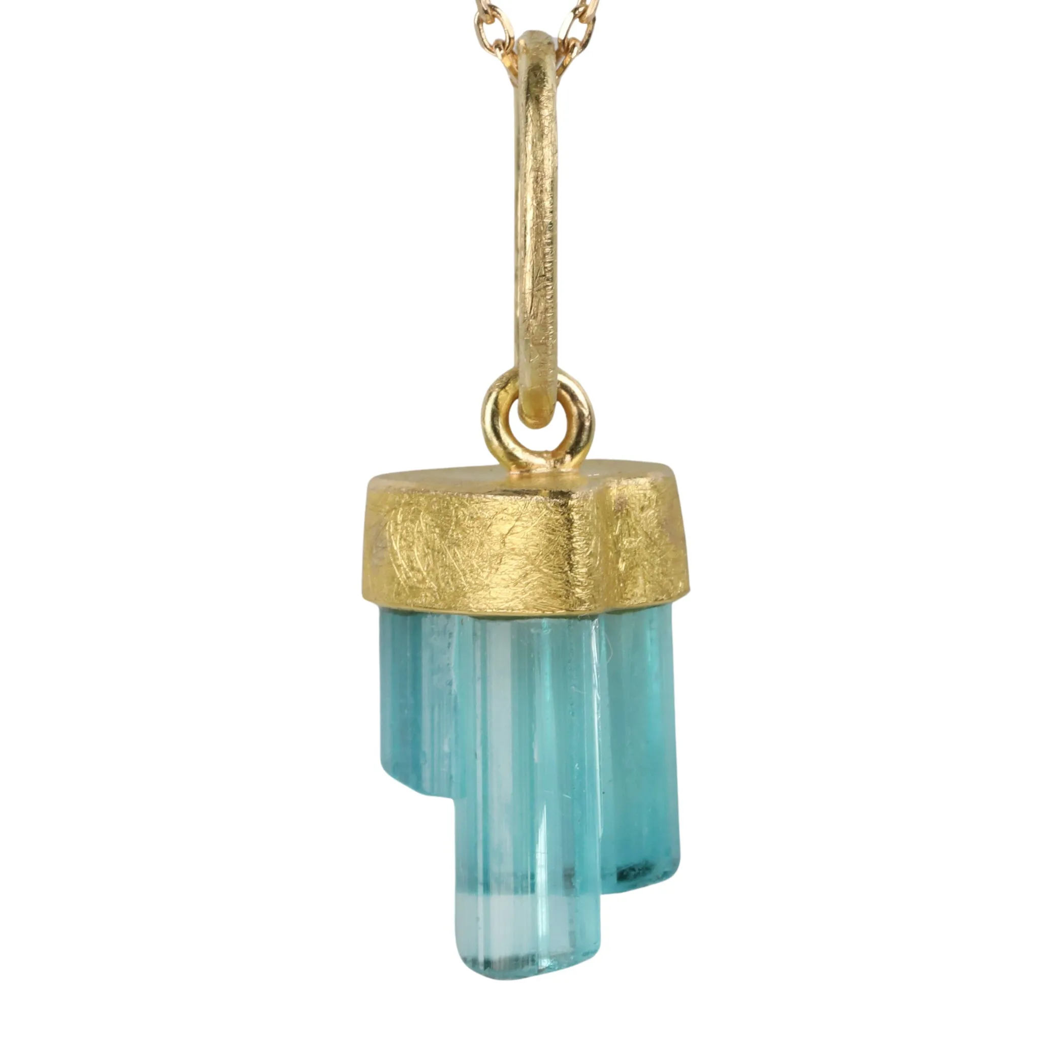 18K & Icicle Shaped Blue-Green Tourmaline Crystal Pendant
