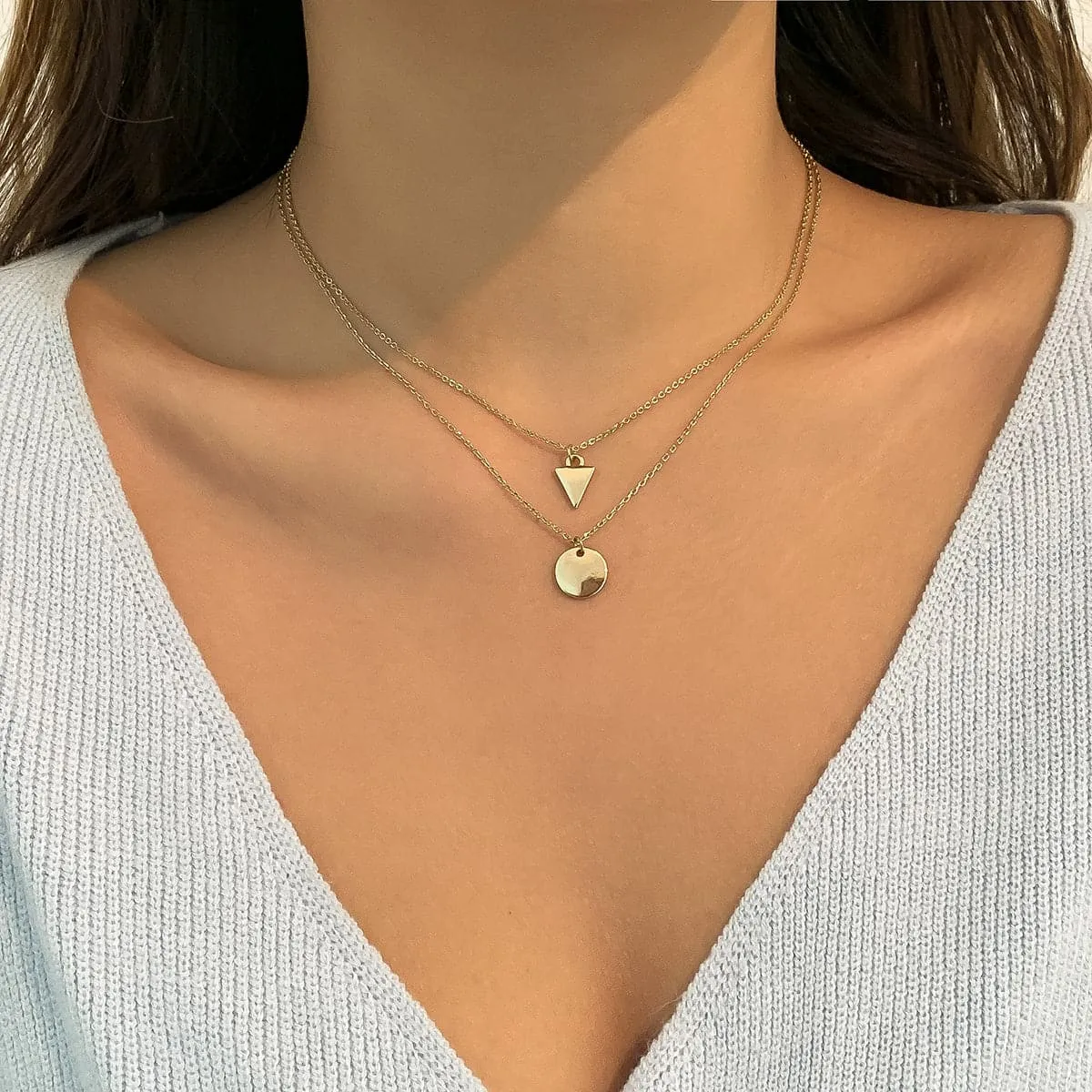 18K Gold-Plated Round & Triangle Pendant Necklace Set