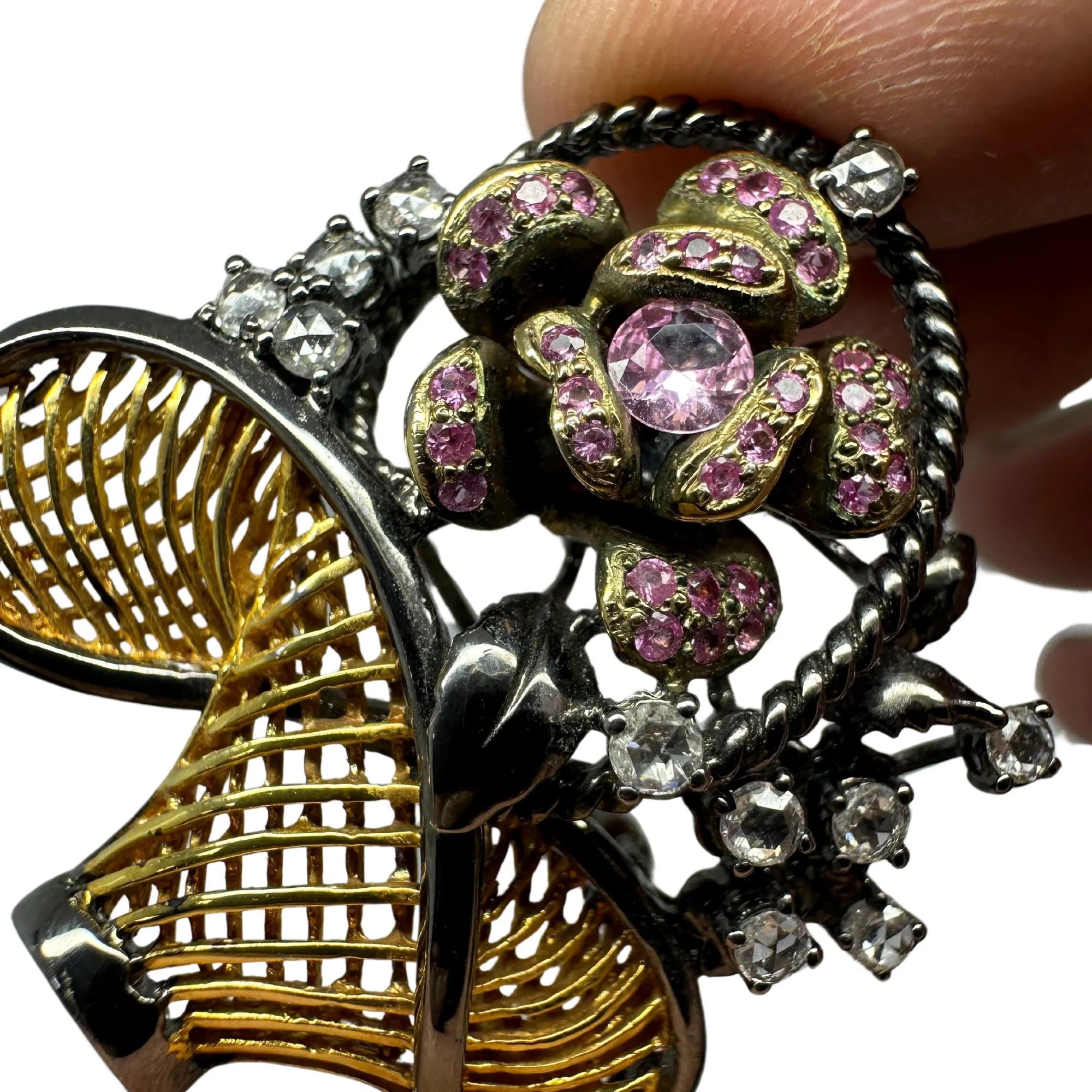 18K Rose Cut Diamond and Pink Sapphire Flower Basket Brooch