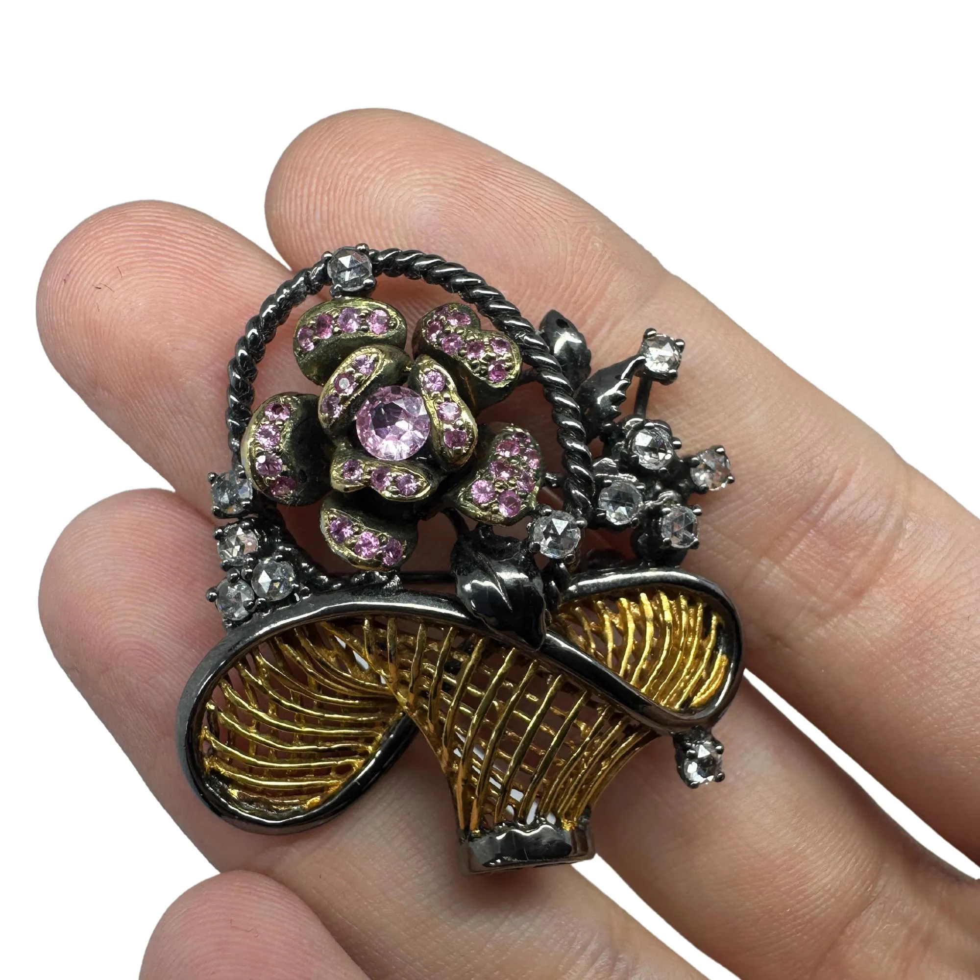 18K Rose Cut Diamond and Pink Sapphire Flower Basket Brooch