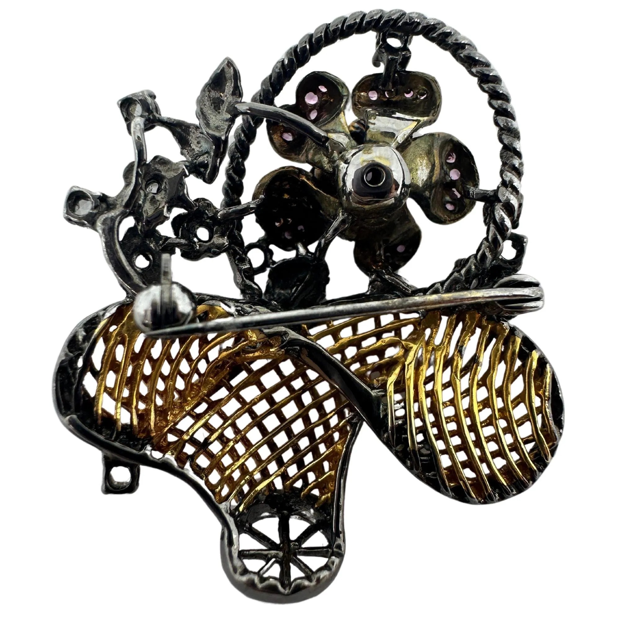 18K Rose Cut Diamond and Pink Sapphire Flower Basket Brooch