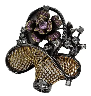 18K Rose Cut Diamond and Pink Sapphire Flower Basket Brooch
