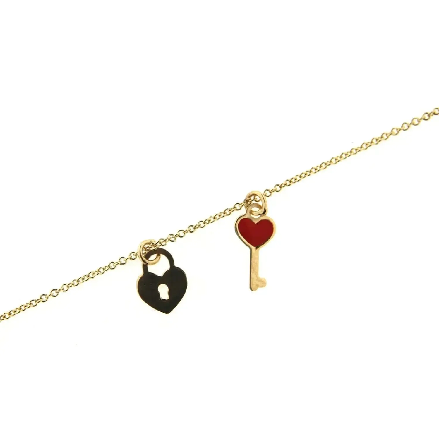 18K Solid Yellow Gold  Lock and Red Enamel Key Anklet Bracelet 9 inches with extra rings starting at 8.50 inches