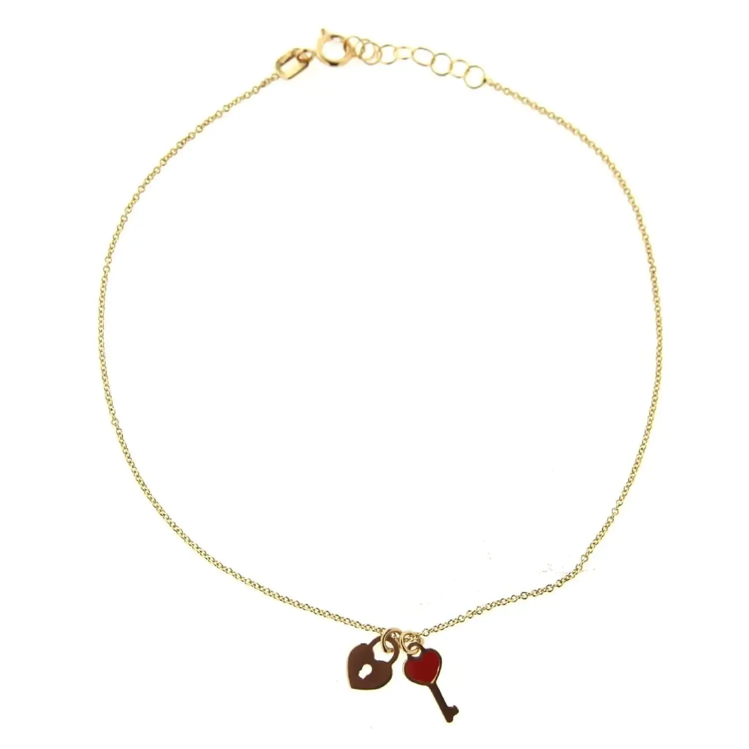 18K Solid Yellow Gold  Lock and Red Enamel Key Anklet Bracelet 9 inches with extra rings starting at 8.50 inches
