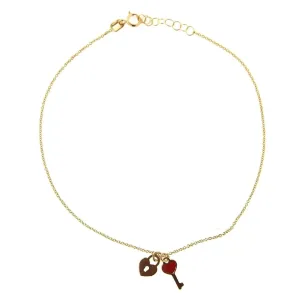 18K Solid Yellow Gold  Lock and Red Enamel Key Anklet Bracelet 9 inches with extra rings starting at 8.50 inches