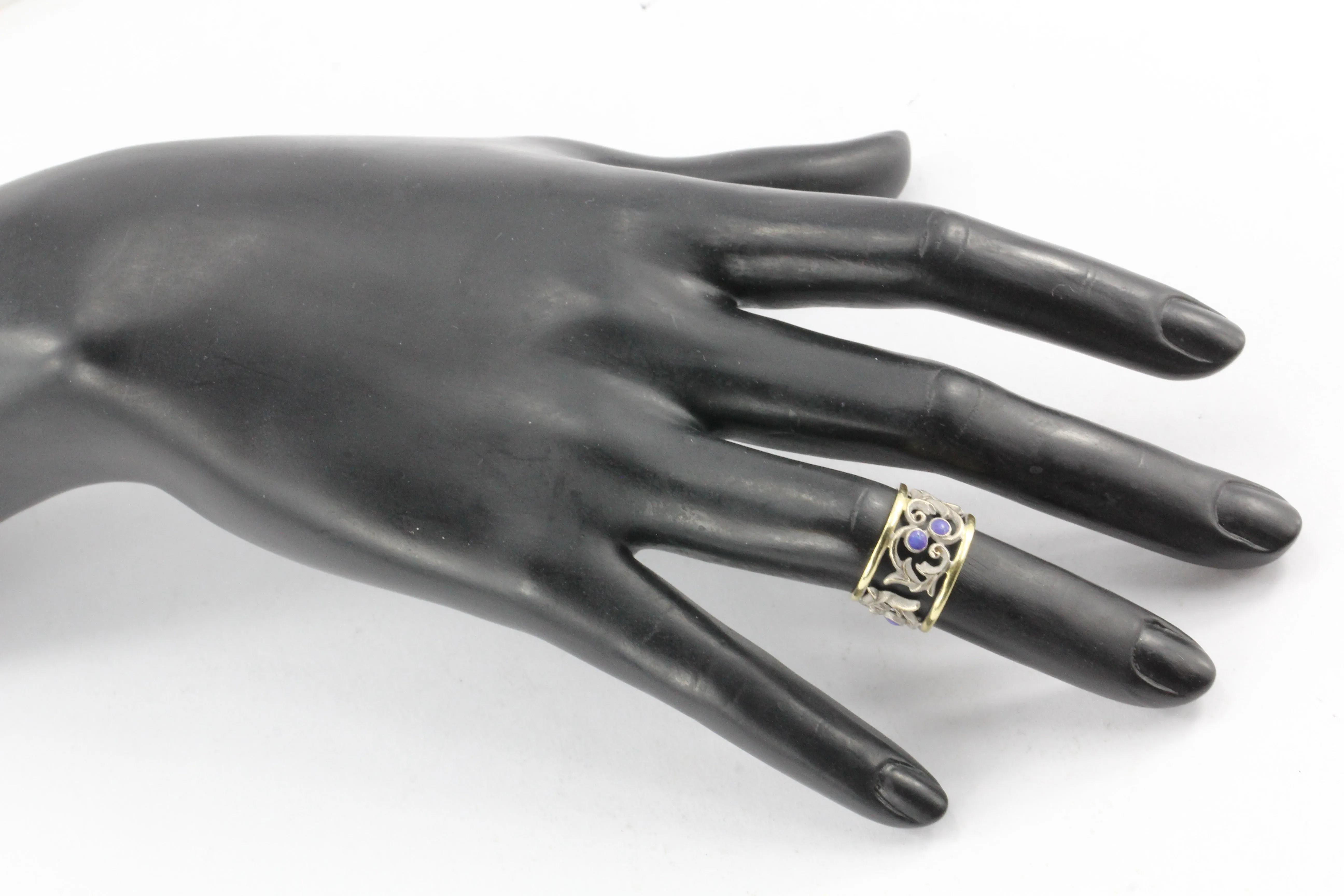 18k White & Yellow Gold Blue Enamel Pierced Scrolling Vine Ring Band