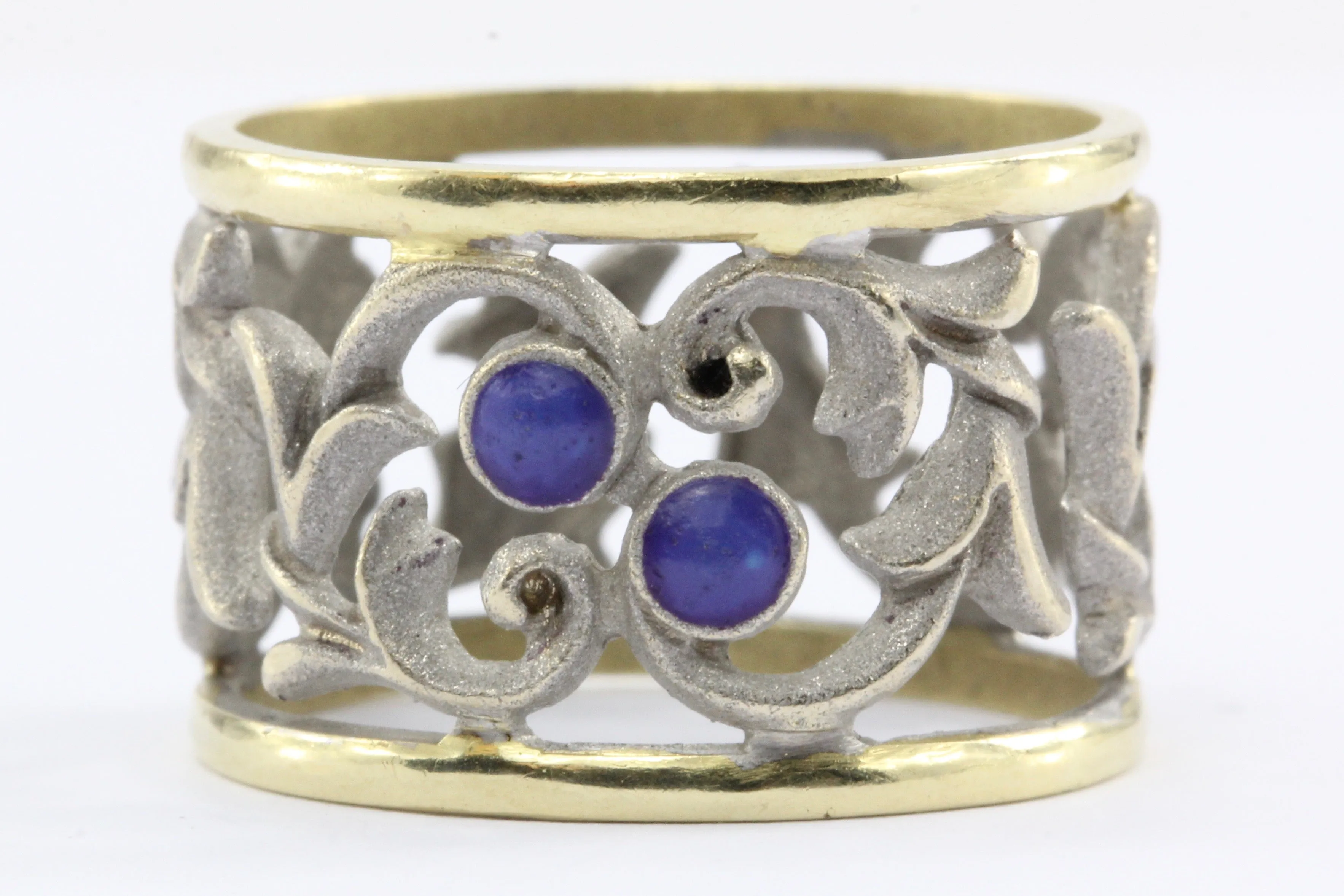 18k White & Yellow Gold Blue Enamel Pierced Scrolling Vine Ring Band