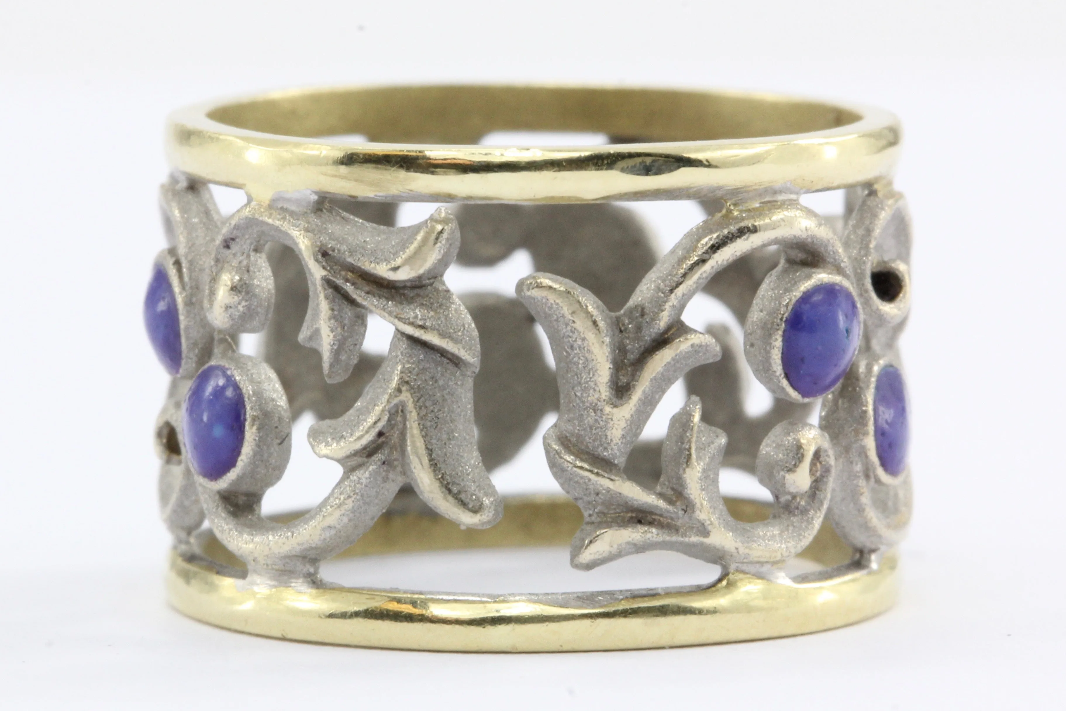 18k White & Yellow Gold Blue Enamel Pierced Scrolling Vine Ring Band
