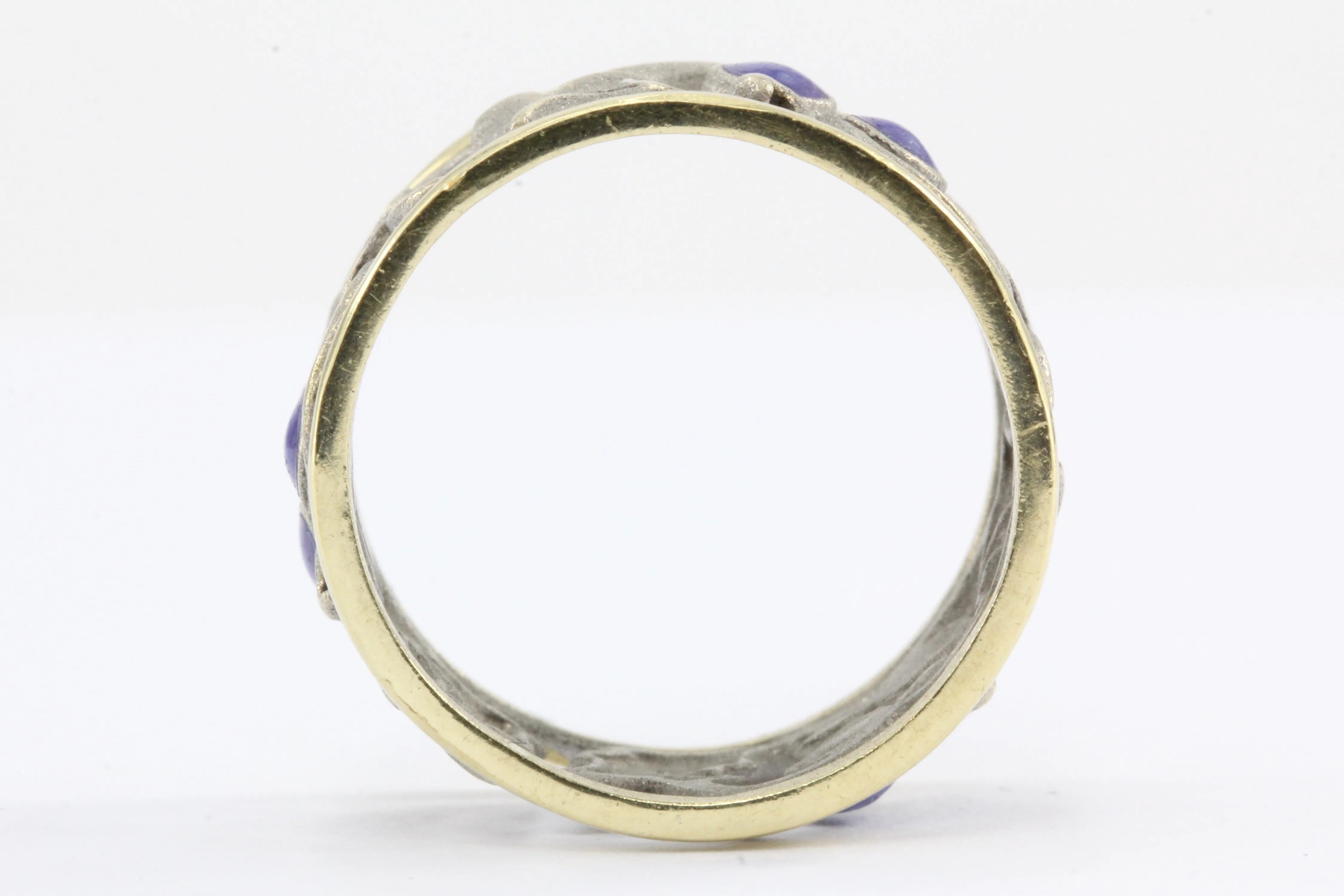 18k White & Yellow Gold Blue Enamel Pierced Scrolling Vine Ring Band