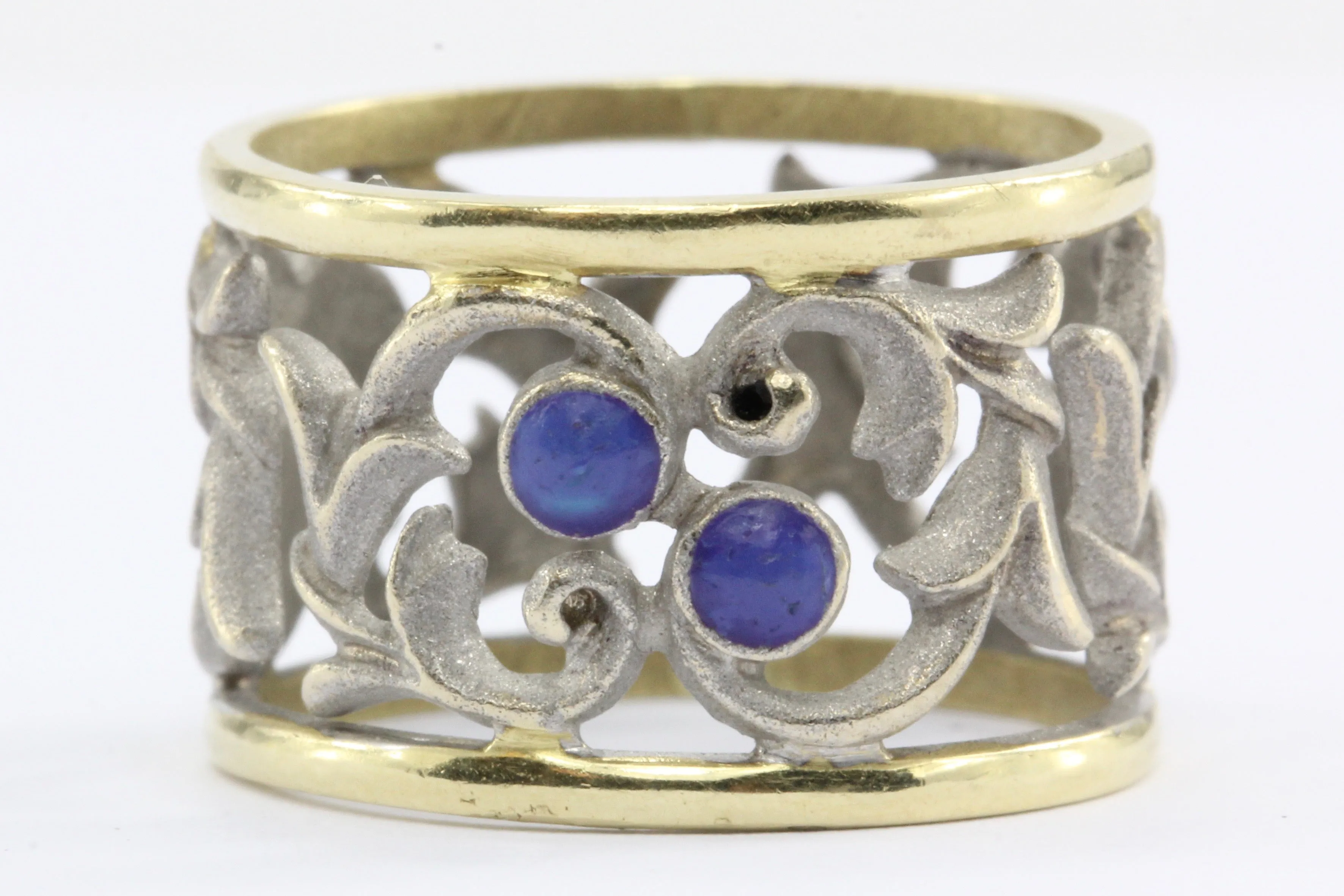 18k White & Yellow Gold Blue Enamel Pierced Scrolling Vine Ring Band
