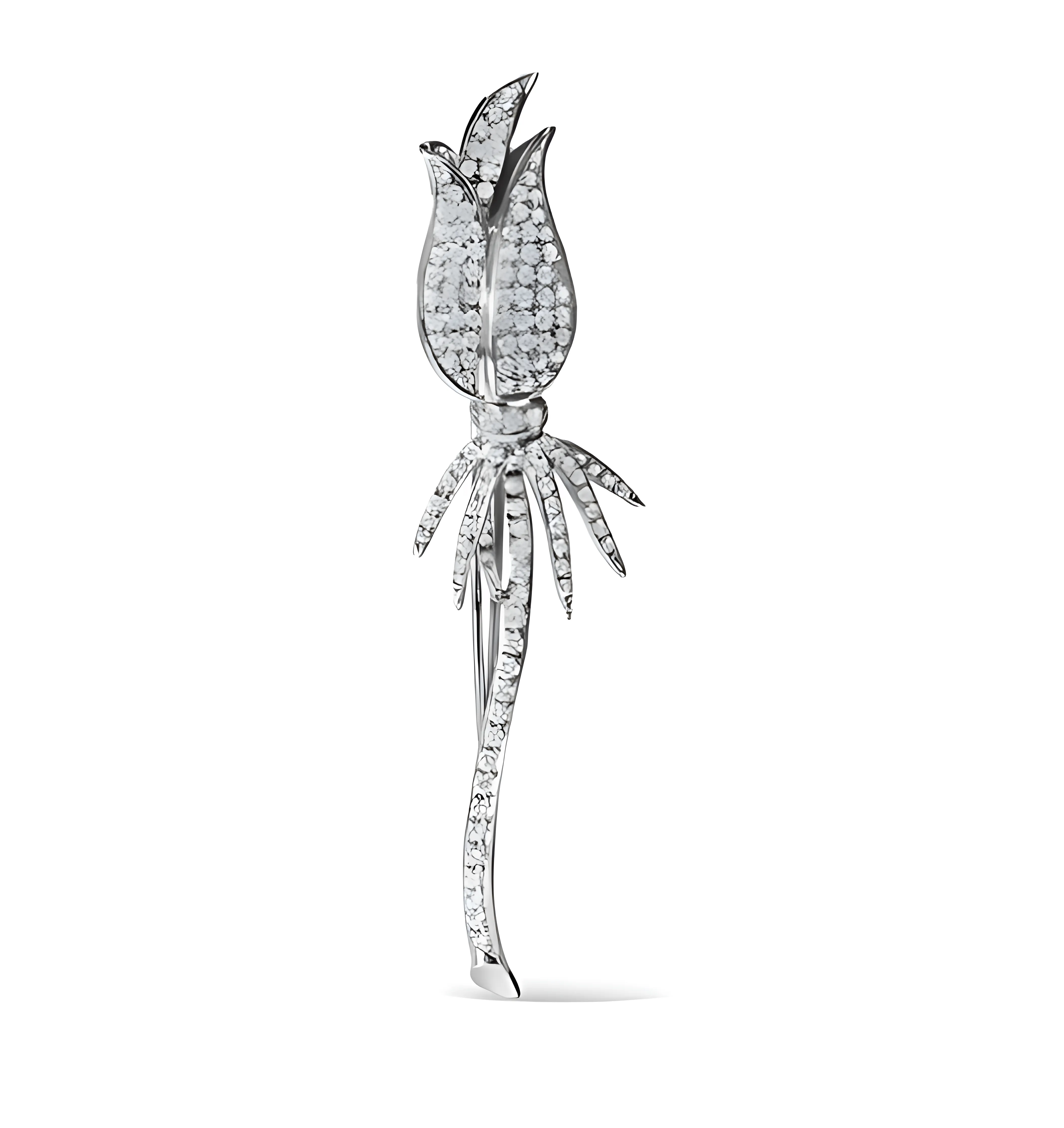 18K White Gold 1 3/5 Cttw Pave Set Diamond Tulip Brooch Pin (H-I Color, VS1-VS2 Clarity)