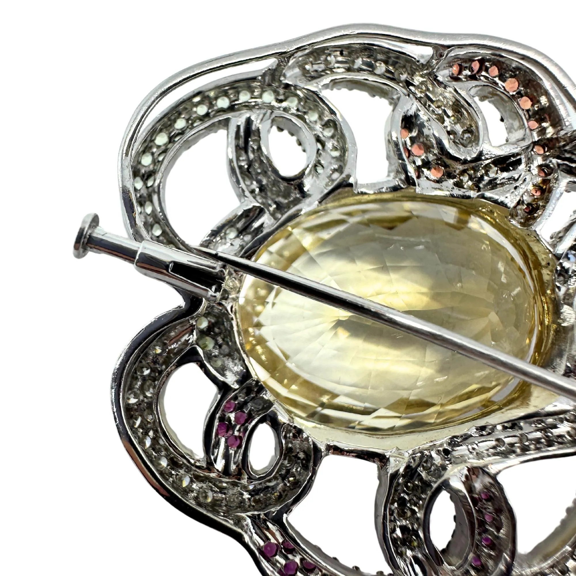 18K White Gold Citrine, Diamond and Multi Sapphire Brooch