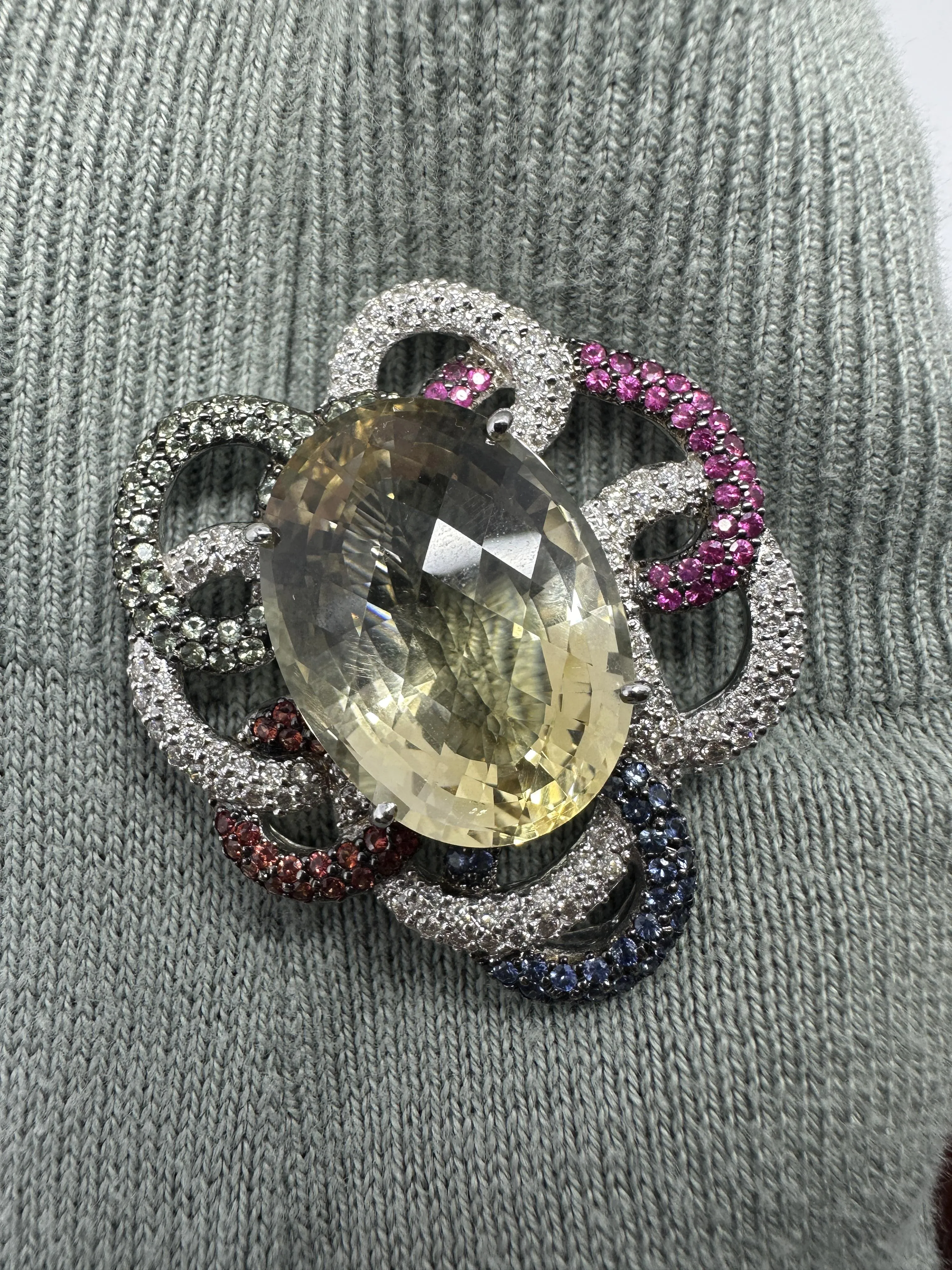 18K White Gold Citrine, Diamond and Multi Sapphire Brooch