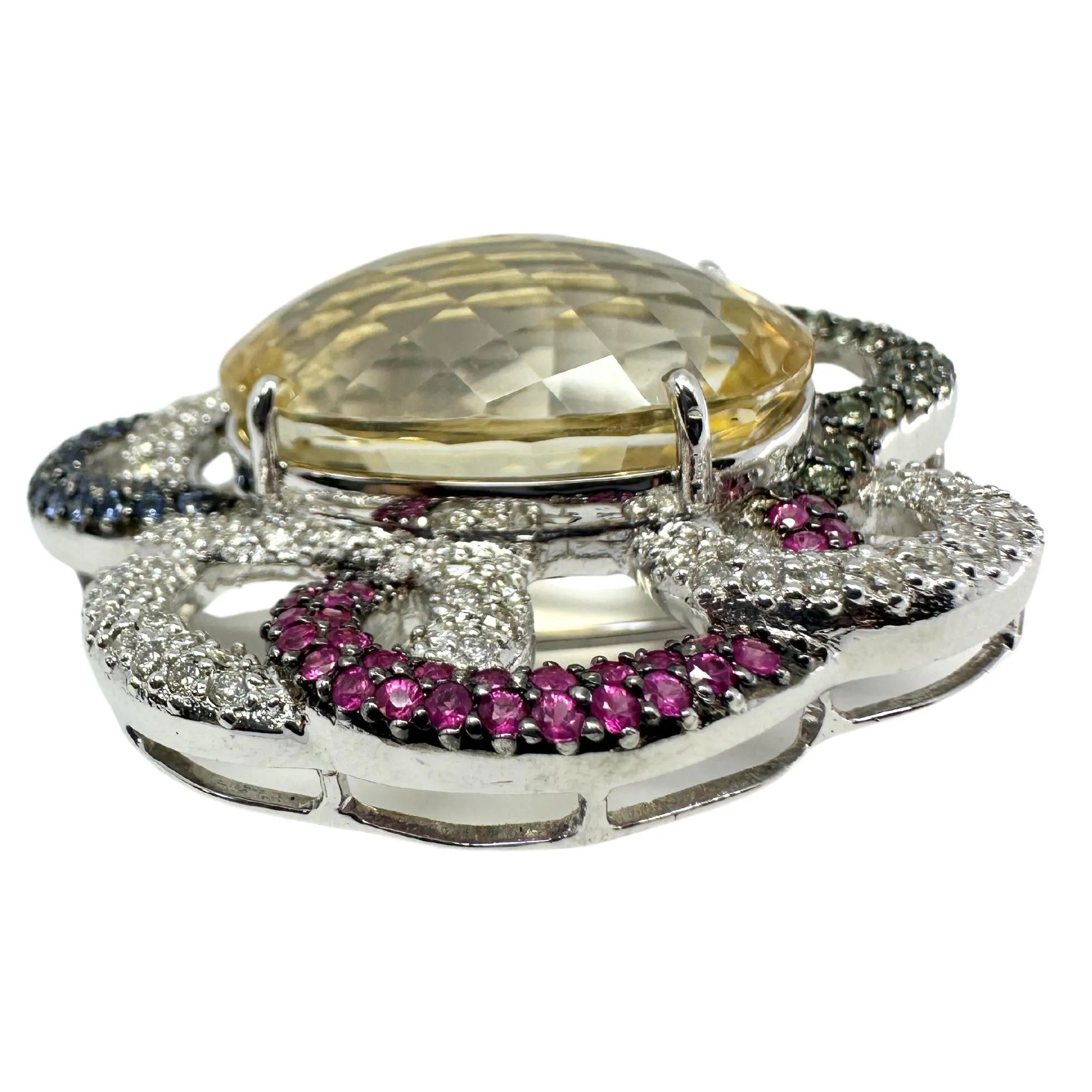 18K White Gold Citrine, Diamond and Multi Sapphire Brooch