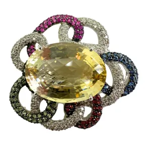 18K White Gold Citrine, Diamond and Multi Sapphire Brooch
