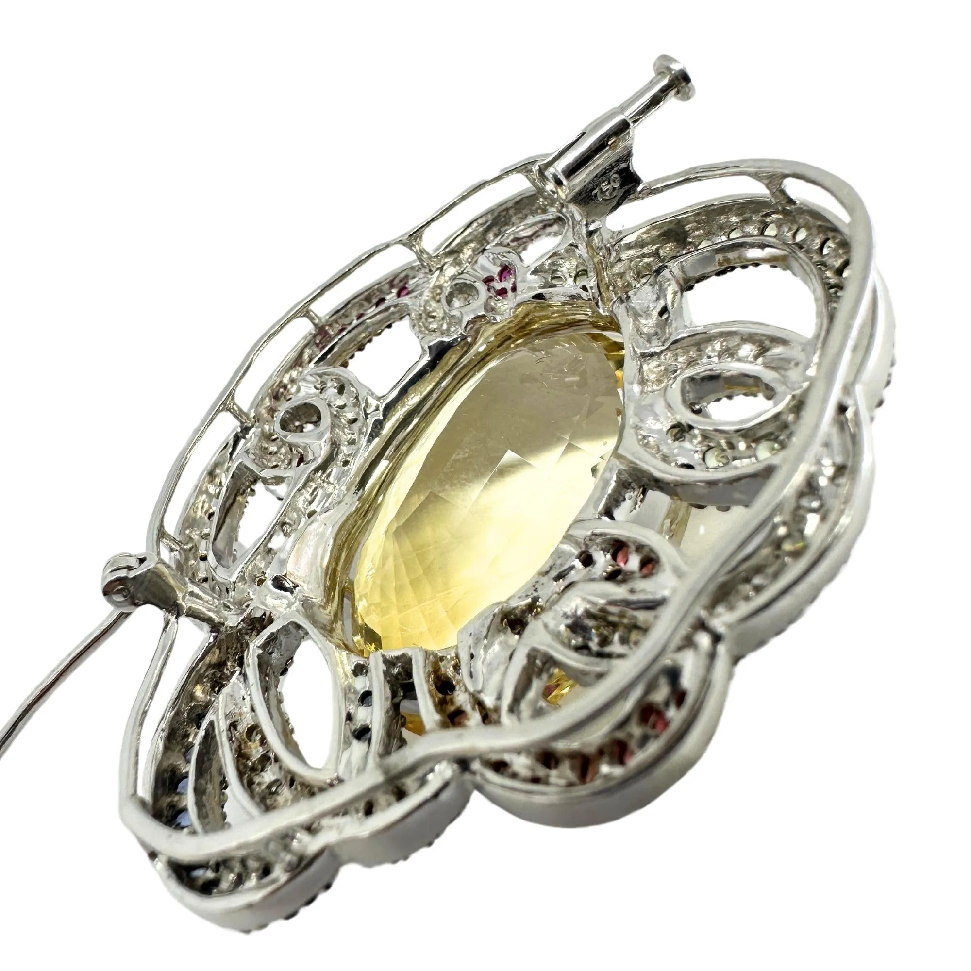 18K White Gold Citrine, Diamond and Multi Sapphire Brooch