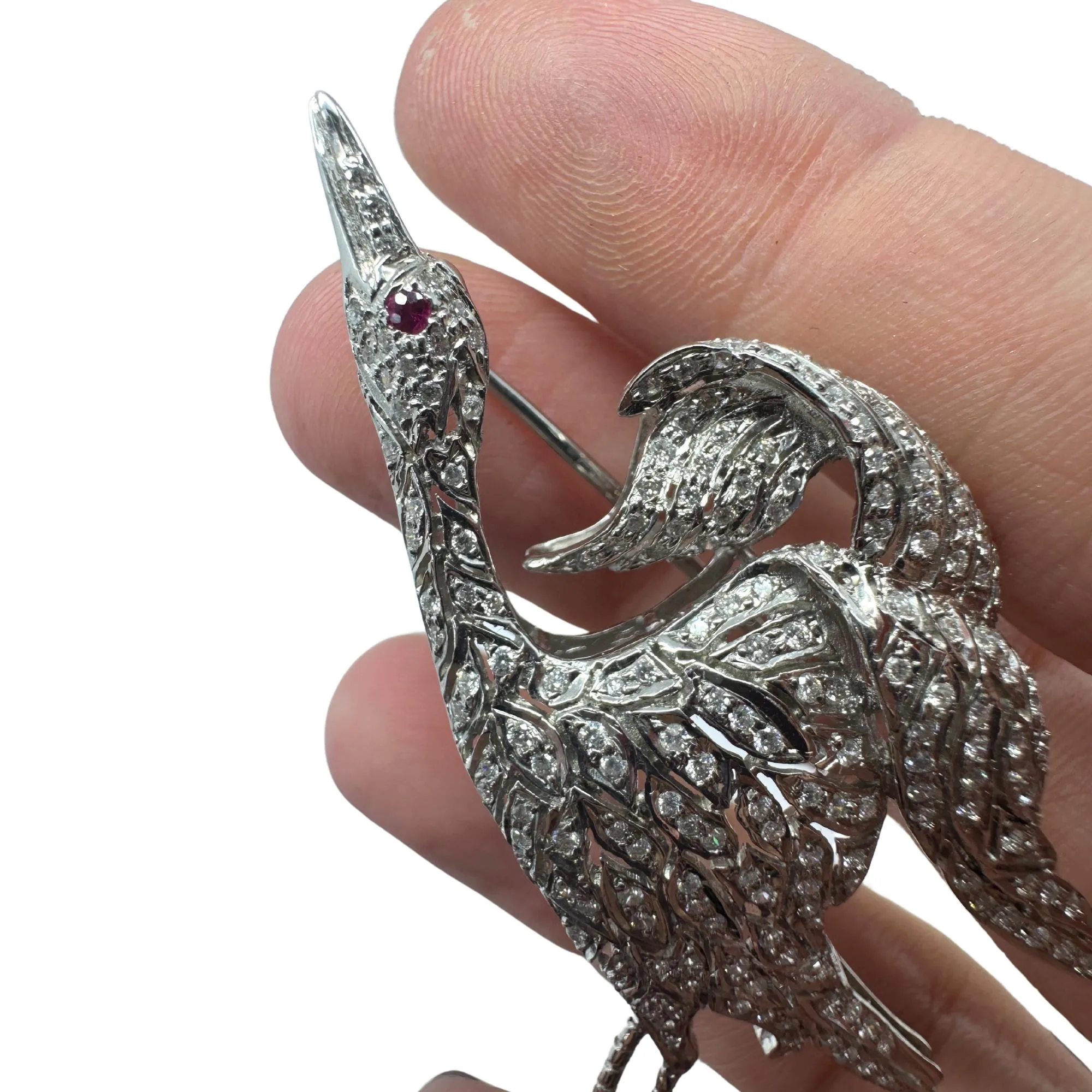 18K White Gold Diamond and Ruby Bird Crane Brooch
