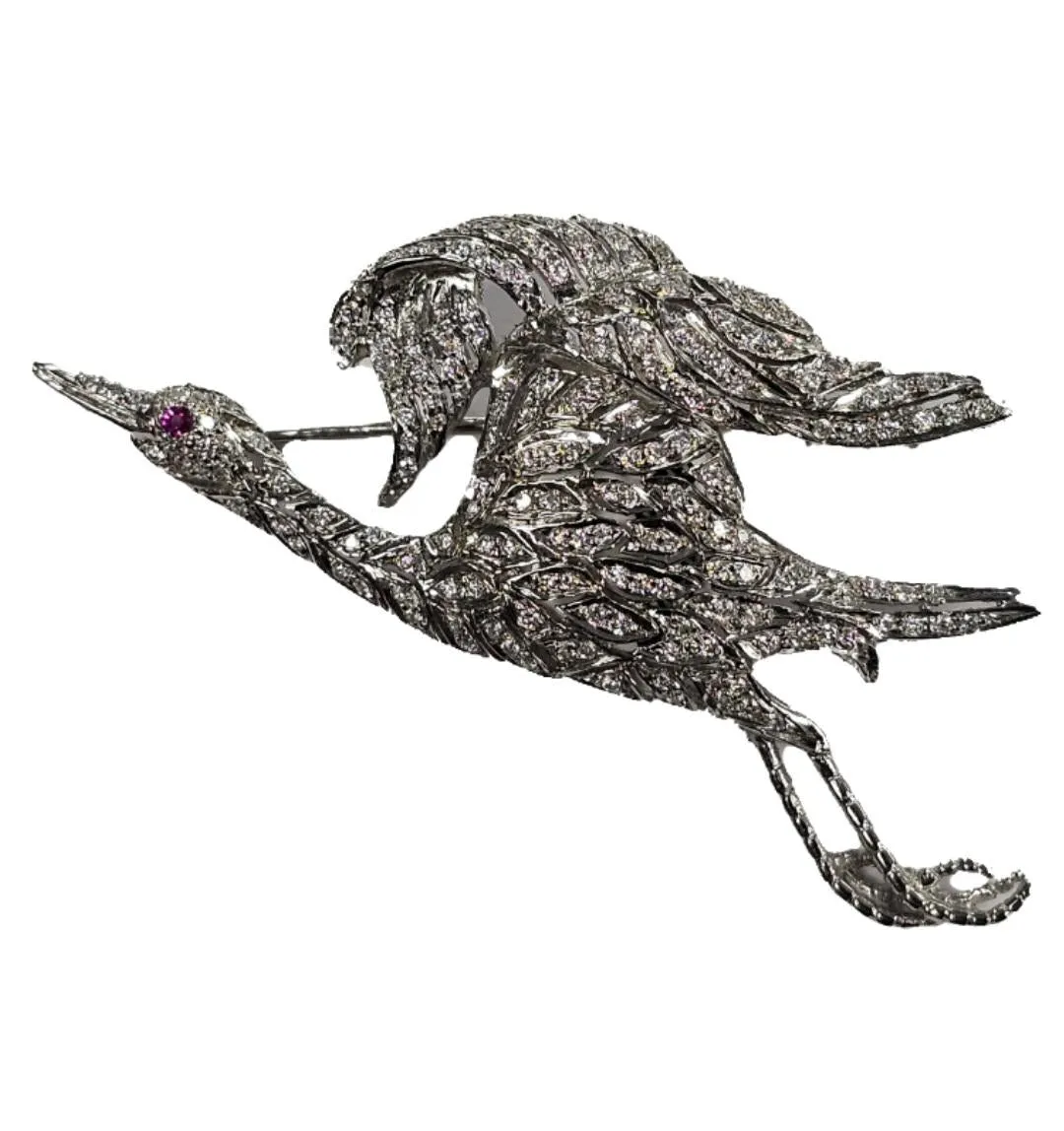 18K White Gold Diamond and Ruby Bird Crane Brooch