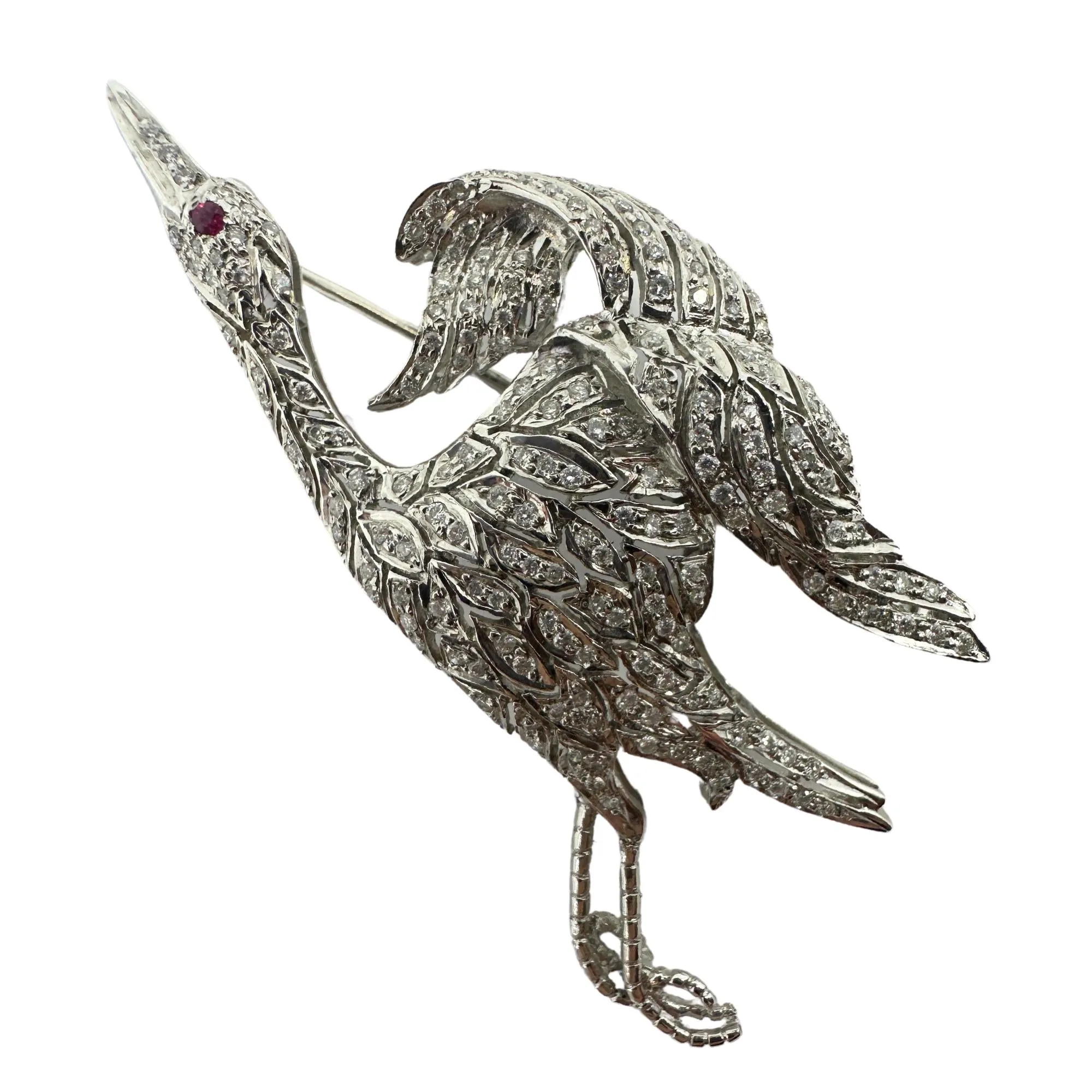 18K White Gold Diamond and Ruby Bird Crane Brooch