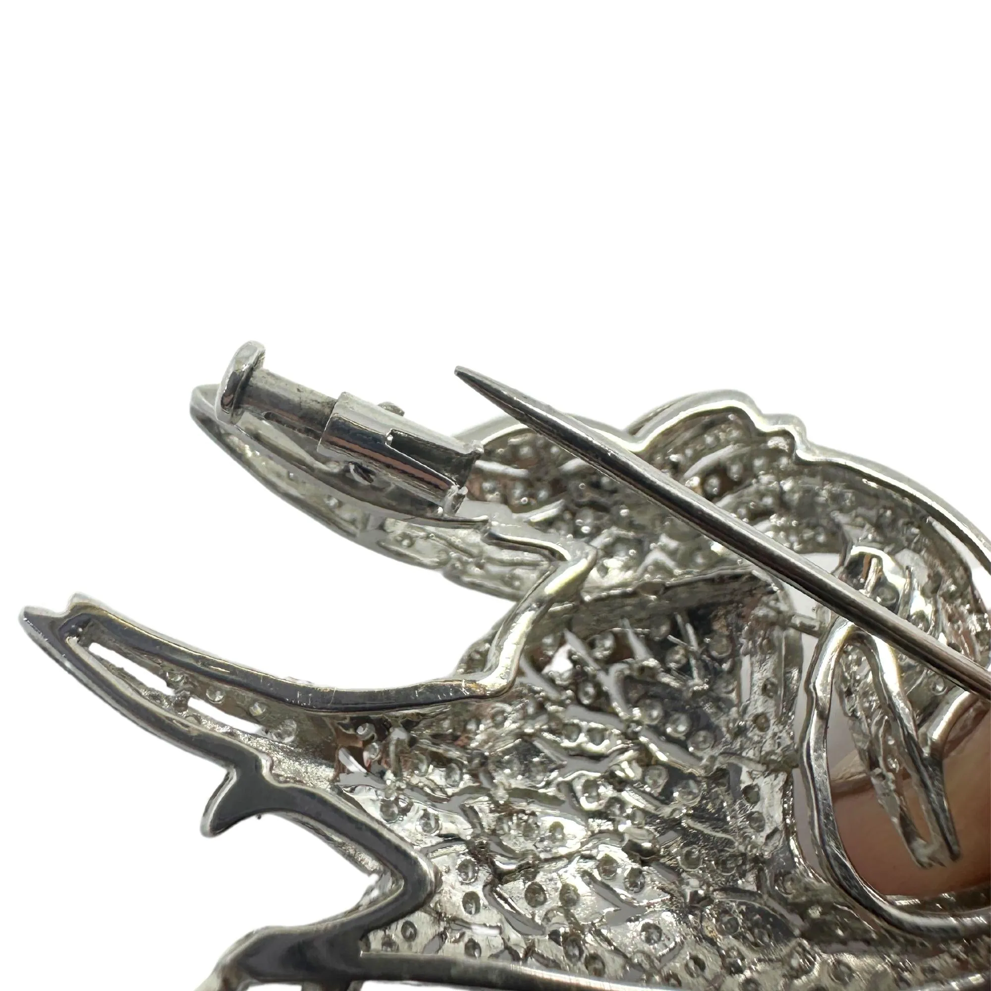 18K White Gold Diamond and Ruby Bird Crane Brooch