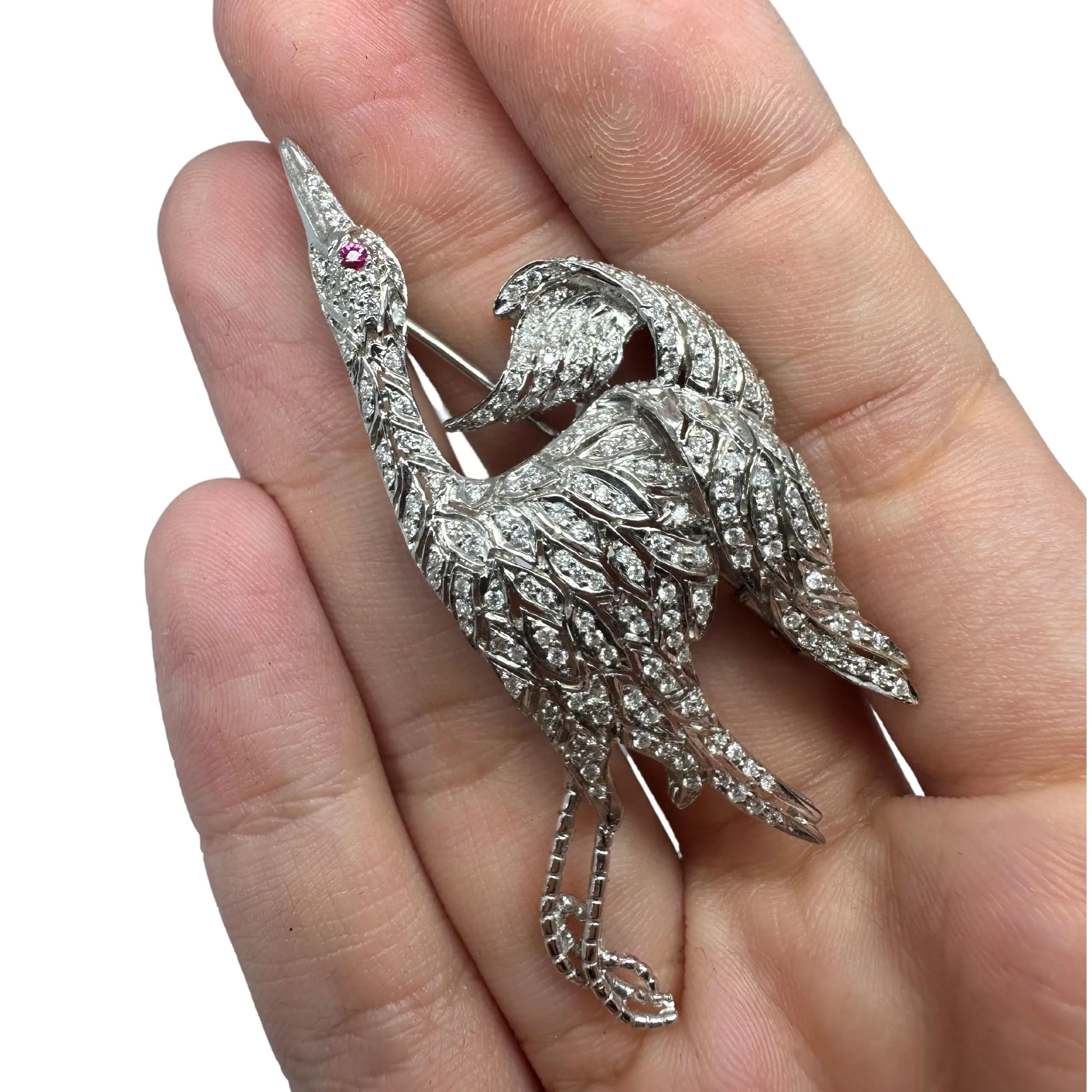 18K White Gold Diamond and Ruby Bird Crane Brooch
