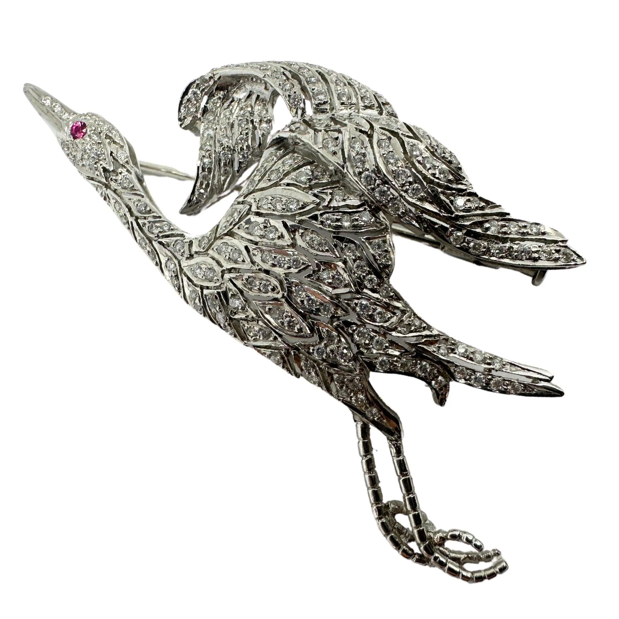 18K White Gold Diamond and Ruby Bird Crane Brooch