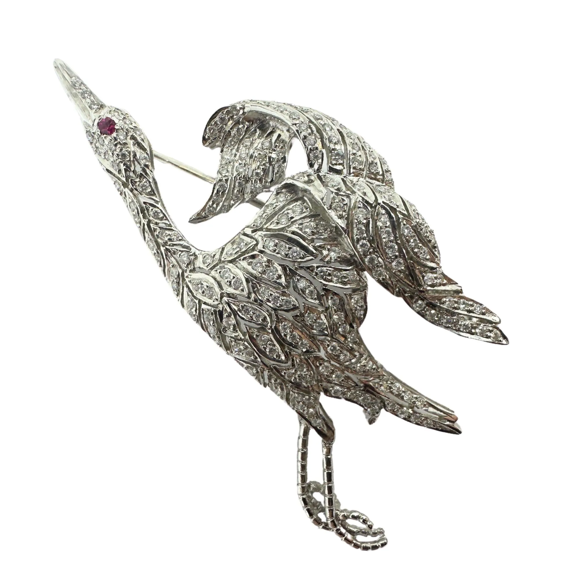 18K White Gold Diamond and Ruby Bird Crane Brooch